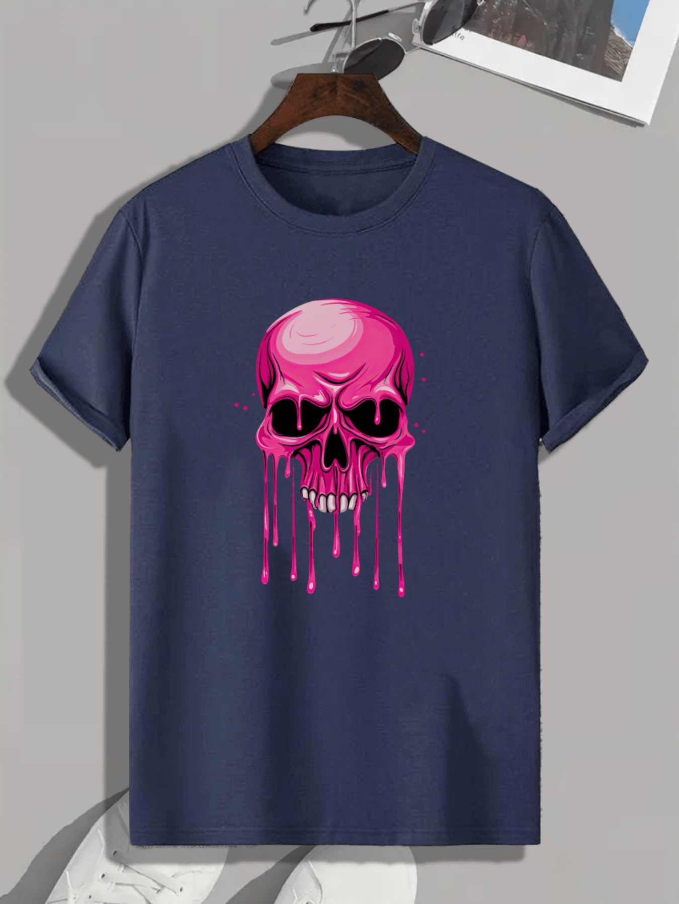 Men's Casual Cartoon Skull Graphic Tee - Soft Polyester, Round Neck, Short Sleeve, Machine Washable