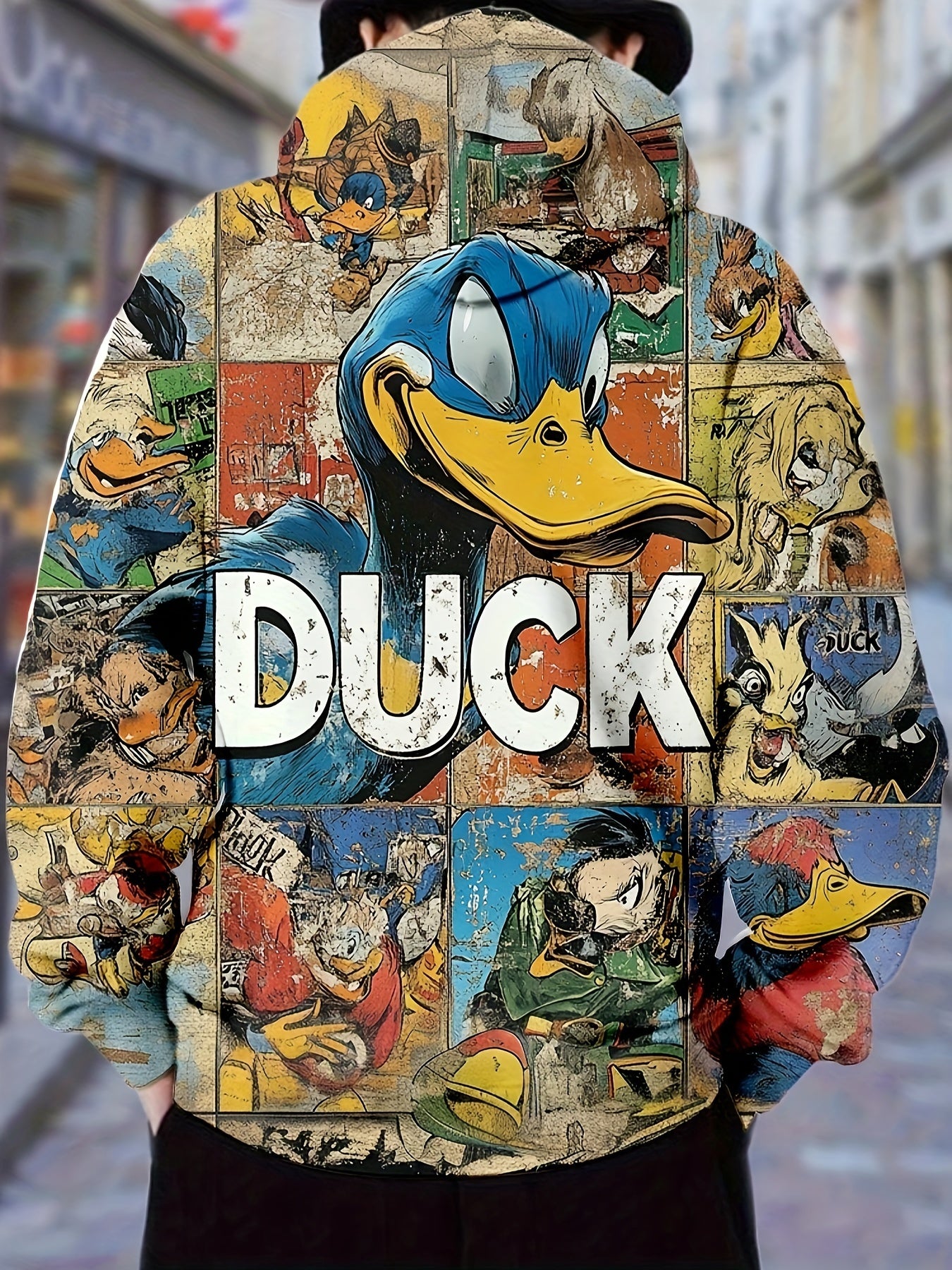 Vintage Cartoon Duck Graphic Print Hoodie - 100% Polyester Knit Fabric, Long Sleeve Hooded Sweatshirt with Slight Stretch, Regular Fit, Unisex Style