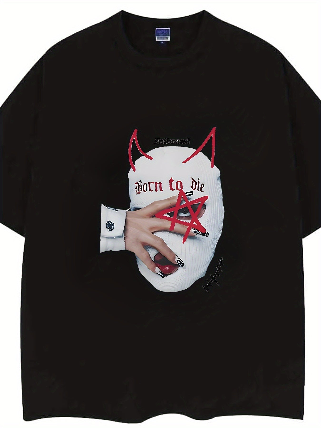 Retro-Inspired "Born to Die" Graphic Cotton Tee for Men - Loose Fit, Drop Shoulder, Short Sleeve with Unique Star and Hand Print Design, Round Neck - Casual Summer Wear