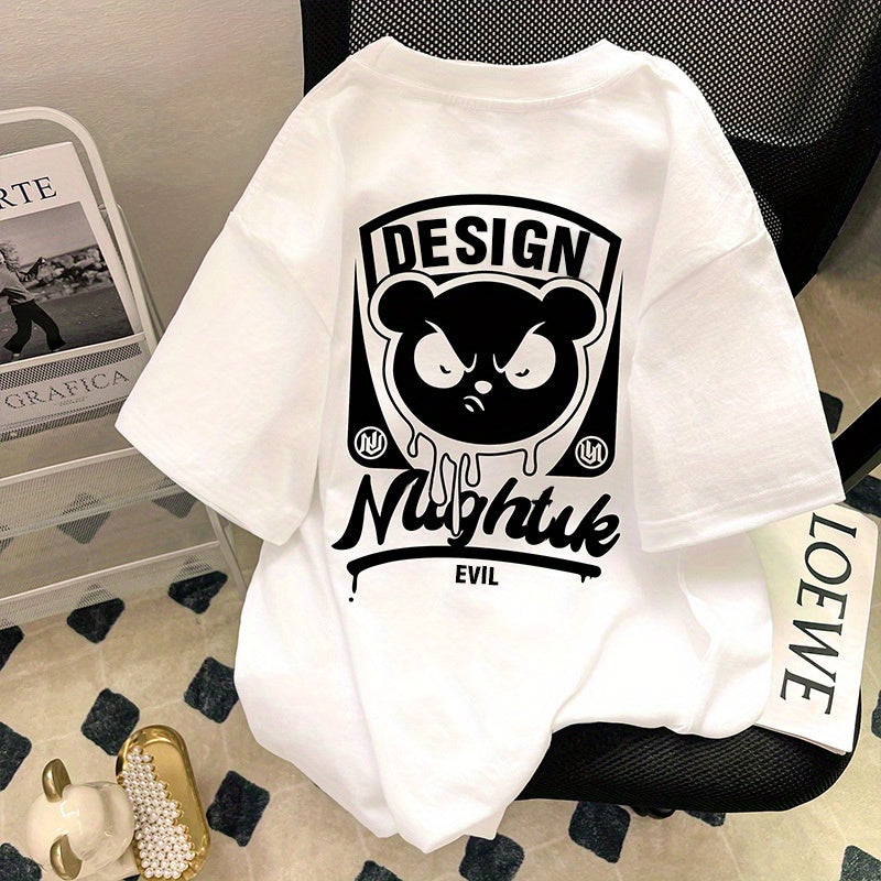 Men's 100% Cotton Bear Graphic Print T-shirt, Casual Short Sleeve Crew Neck Tee, Men's Clothing For Summer Outdoor