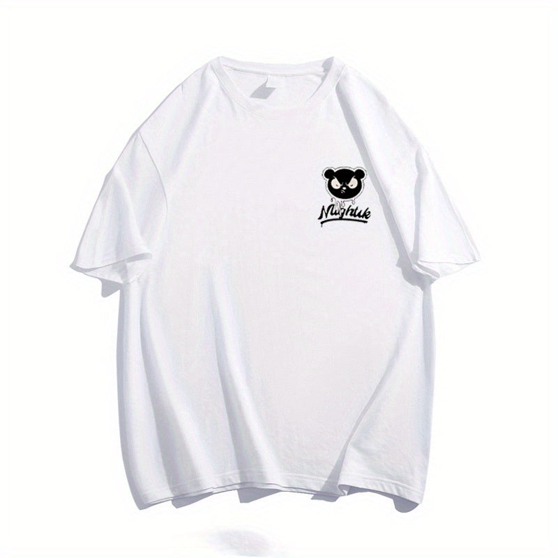 Men's 100% Cotton Bear Graphic Print T-shirt, Casual Short Sleeve Crew Neck Tee, Men's Clothing For Summer Outdoor