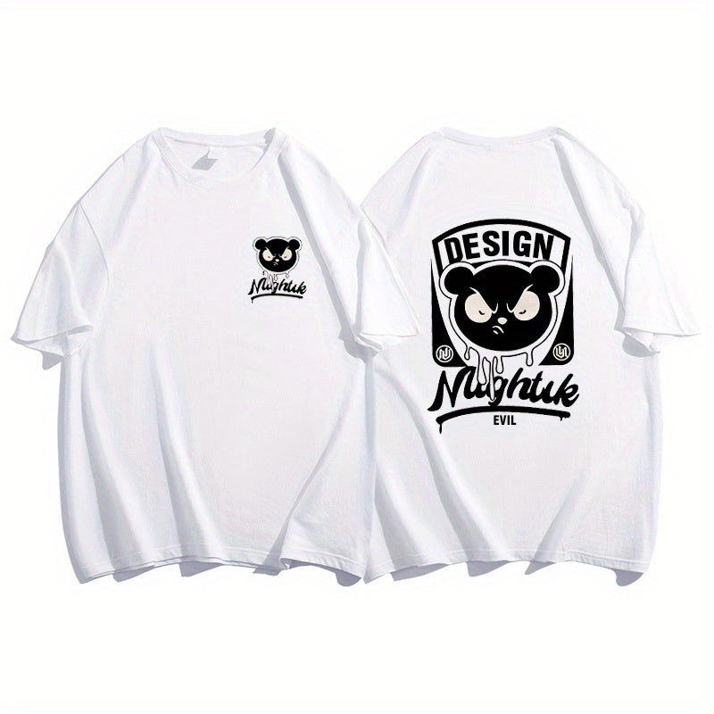 Men's 100% Cotton Bear Graphic Print T-shirt, Casual Short Sleeve Crew Neck Tee, Men's Clothing For Summer Outdoor