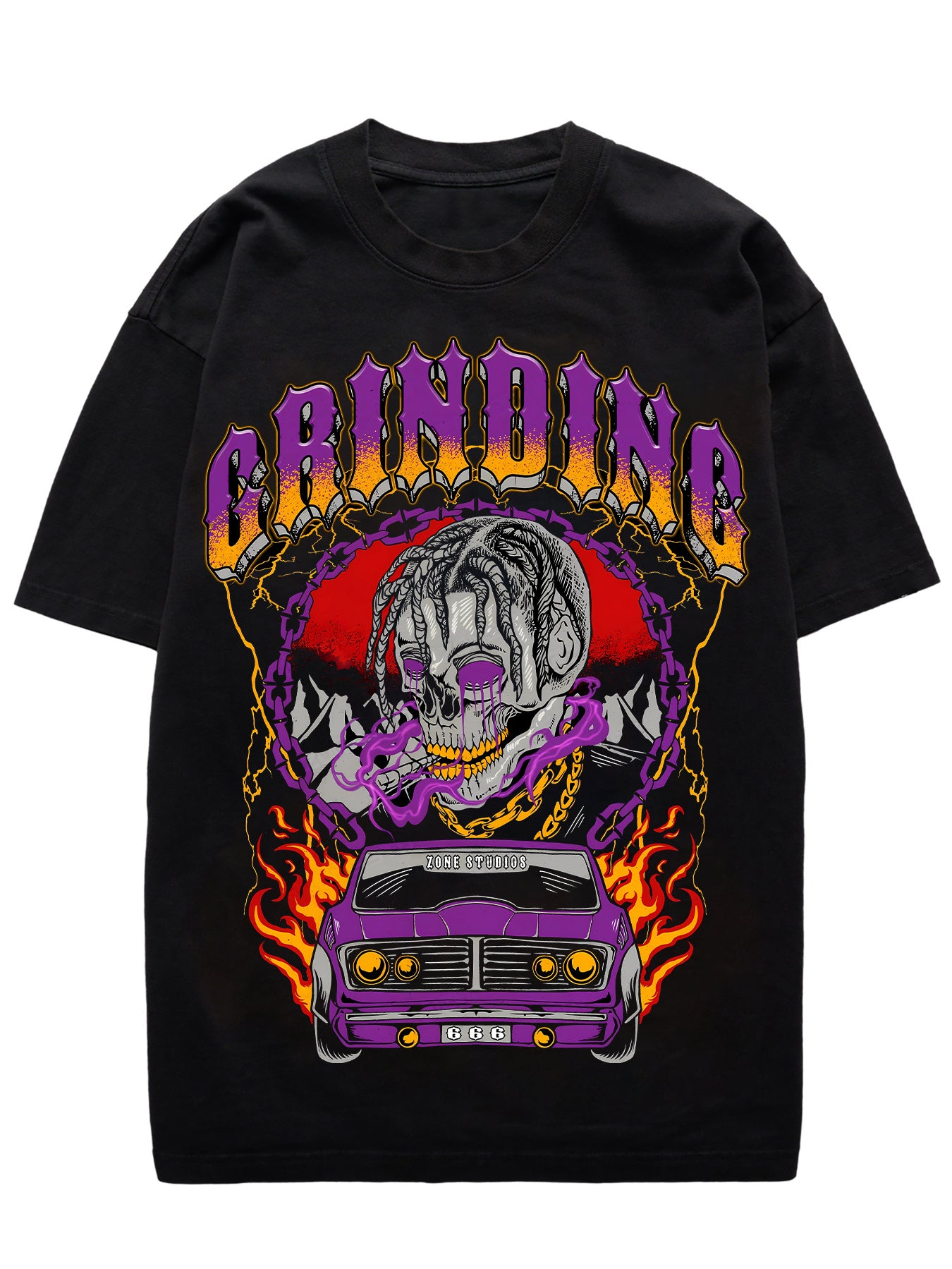 Space Funnin' "GRINDING" Skull & Vintage Car Graphic Tee, 100% Cotton, Hip Hop Streetwear, Round Neck, Summer Off-Shoulder, Machine Washable, Black with Purple & Yellow Flames Design