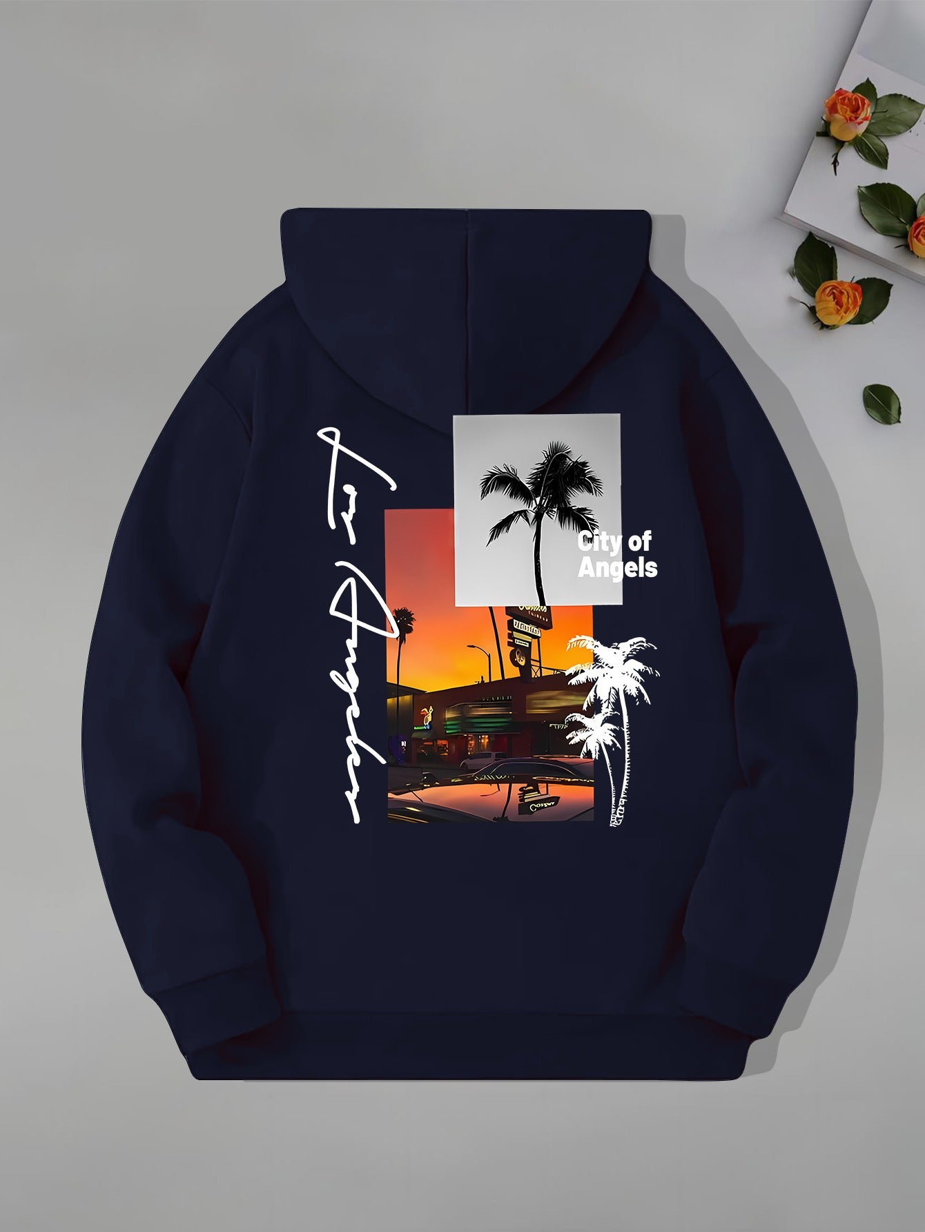 Beach Los Angeles Print Men's Pullover Hoodie, Kangaroo Pocket Long Sleeve Hooded Sweatshirt, Loose Casual Tops, Men's Clothes For Fall Winter