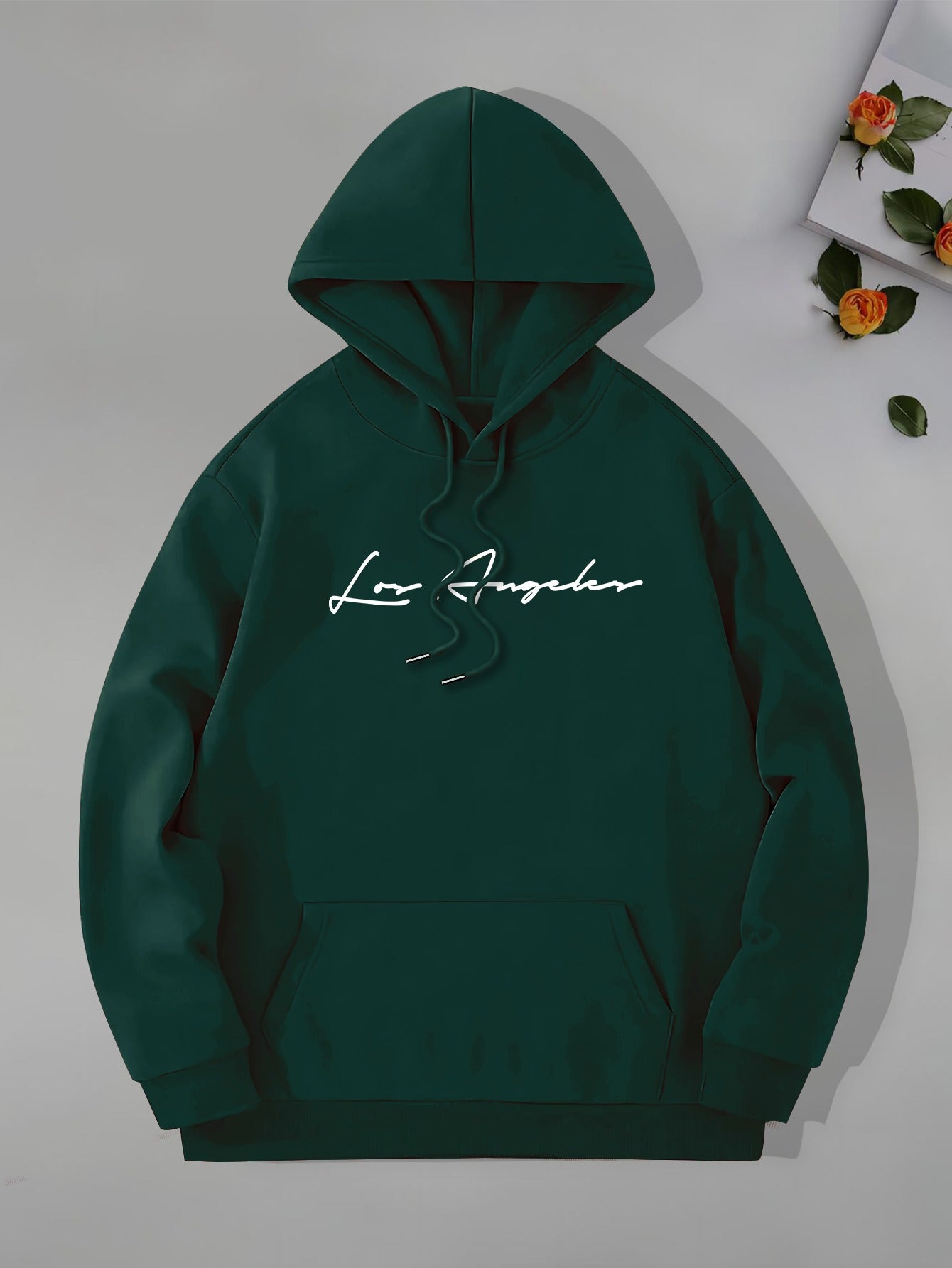 Beach Los Angeles Print Men's Pullover Hoodie, Kangaroo Pocket Long Sleeve Hooded Sweatshirt, Loose Casual Tops, Men's Clothes For Fall Winter