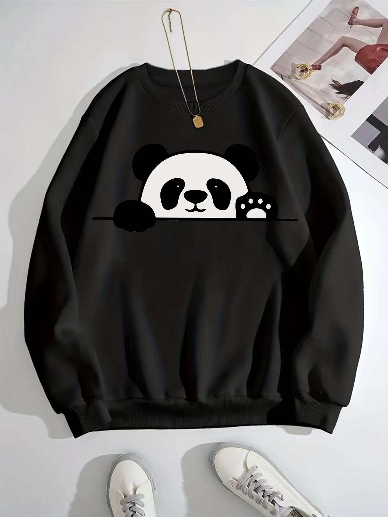 A Casual Sports Sweatshirt With A Simple Panda Print For Women With Long Sleeves And A Round Neck.