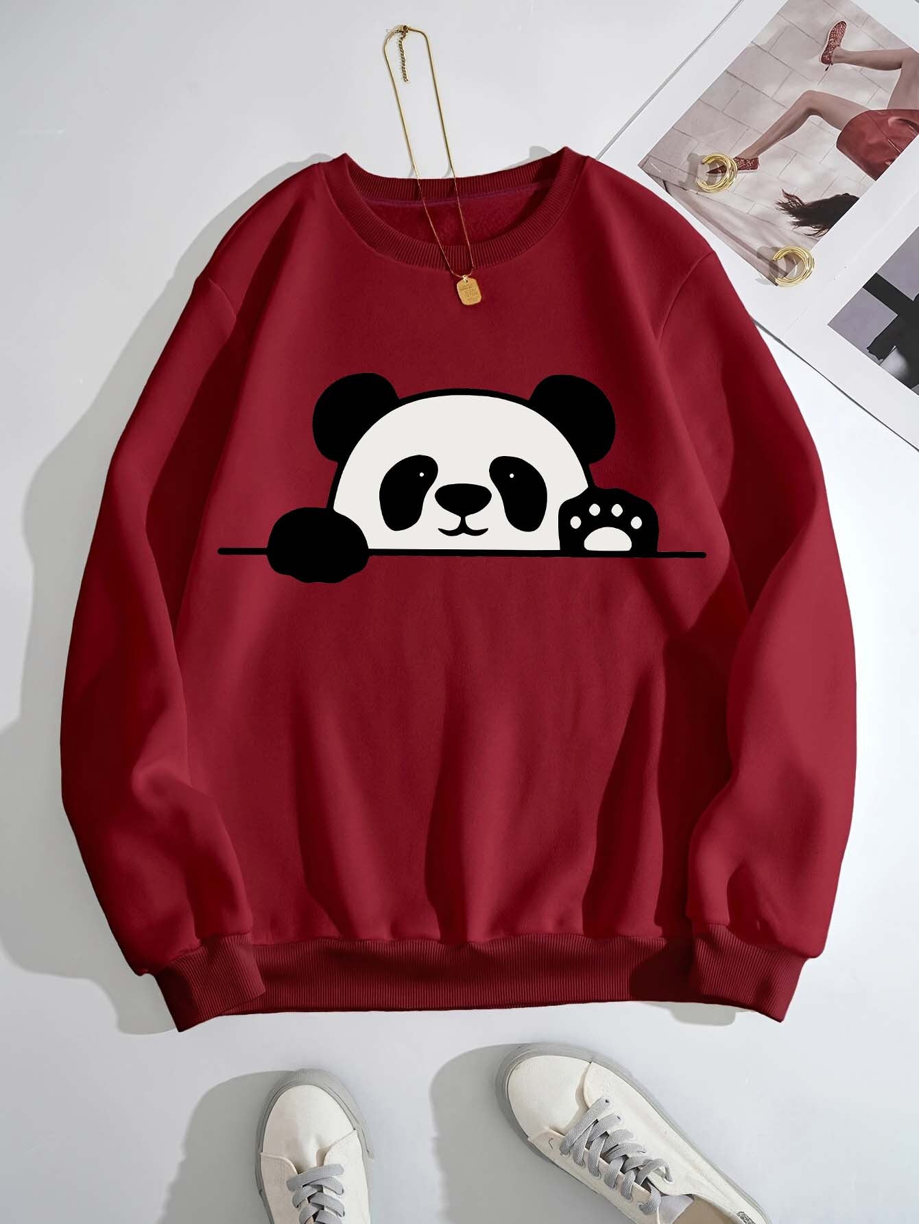 A Casual Sports Sweatshirt With A Simple Panda Print For Women With Long Sleeves And A Round Neck.