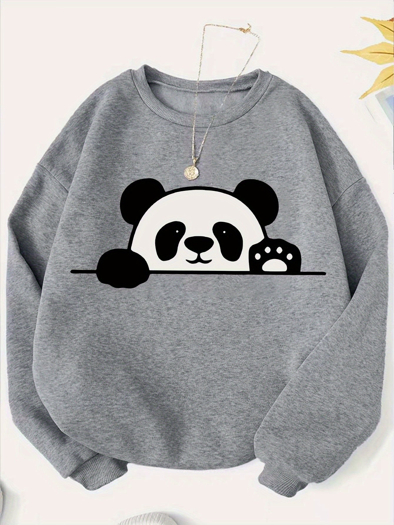 A Casual Sports Sweatshirt With A Simple Panda Print For Women With Long Sleeves And A Round Neck.