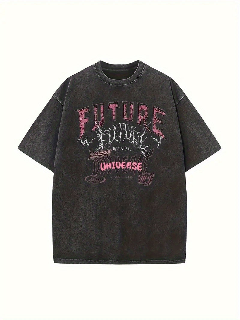 Men's Loose 100% Cotton Future Graphic Print T-shirt, Short Sleeve Crew Neck Tee, Men's Clothing For Summer Outdoor