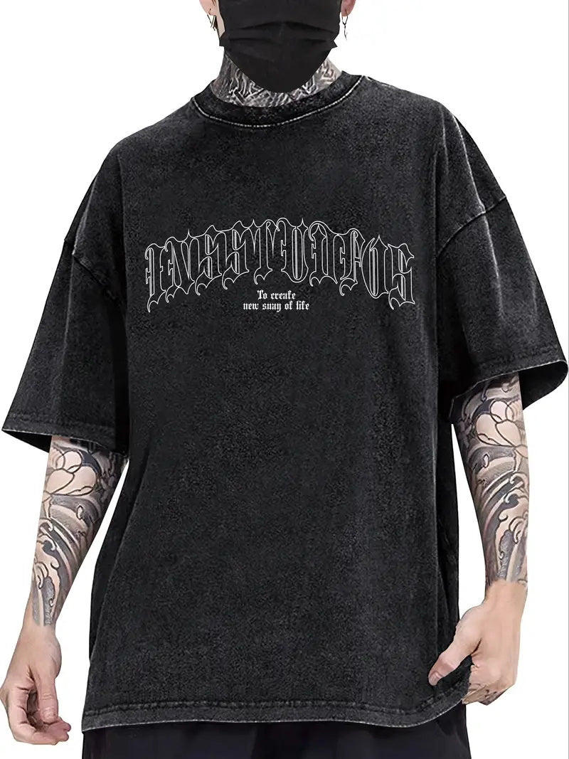 Men's Loose 100% Cotton Letters Graphic Print T-shirt, Casual Short Sleeve Crew Neck Tee, Men's Clothing For Summer Outdoor