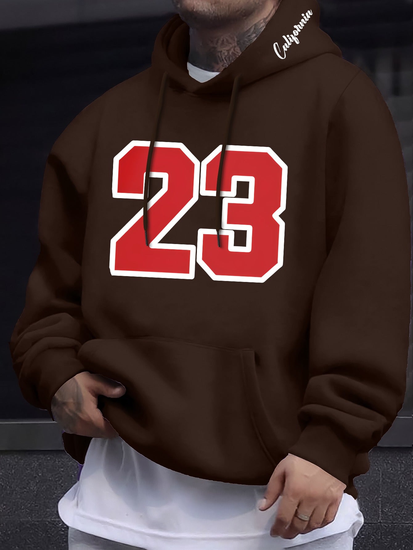 Men's Casual Hooded Sweatshirts with Geometric Number Pattern - Knit Fabric Polyester Blend with Slight Stretch, Hoodie for Spring/Fall Season - Regular Fit Pullover with Hood - Polyester 95%, Elastane 5%