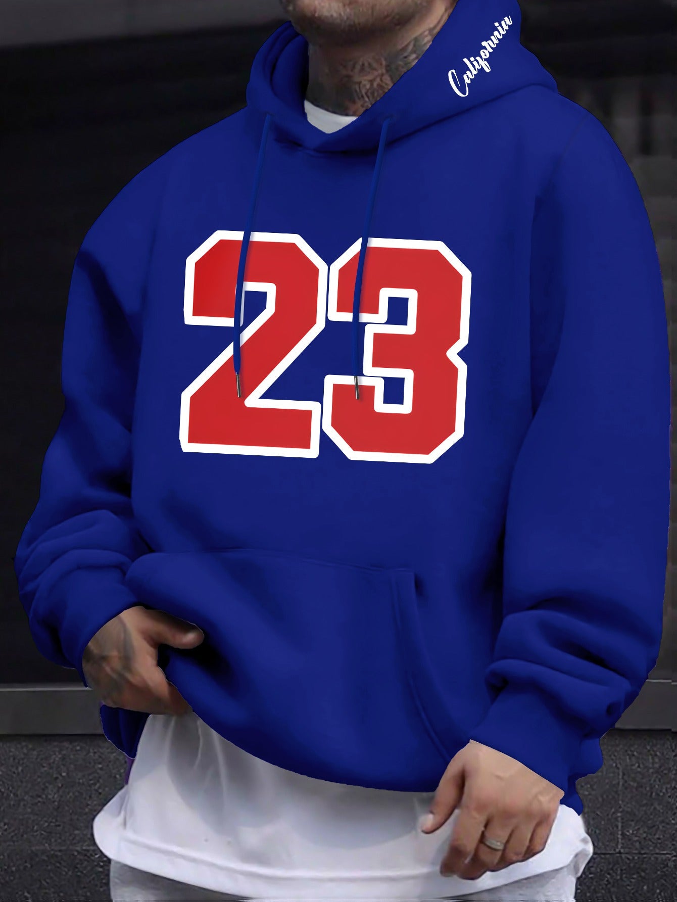 Men's Casual Hooded Sweatshirts with Geometric Number Pattern - Knit Fabric Polyester Blend with Slight Stretch, Hoodie for Spring/Fall Season - Regular Fit Pullover with Hood - Polyester 95%, Elastane 5%