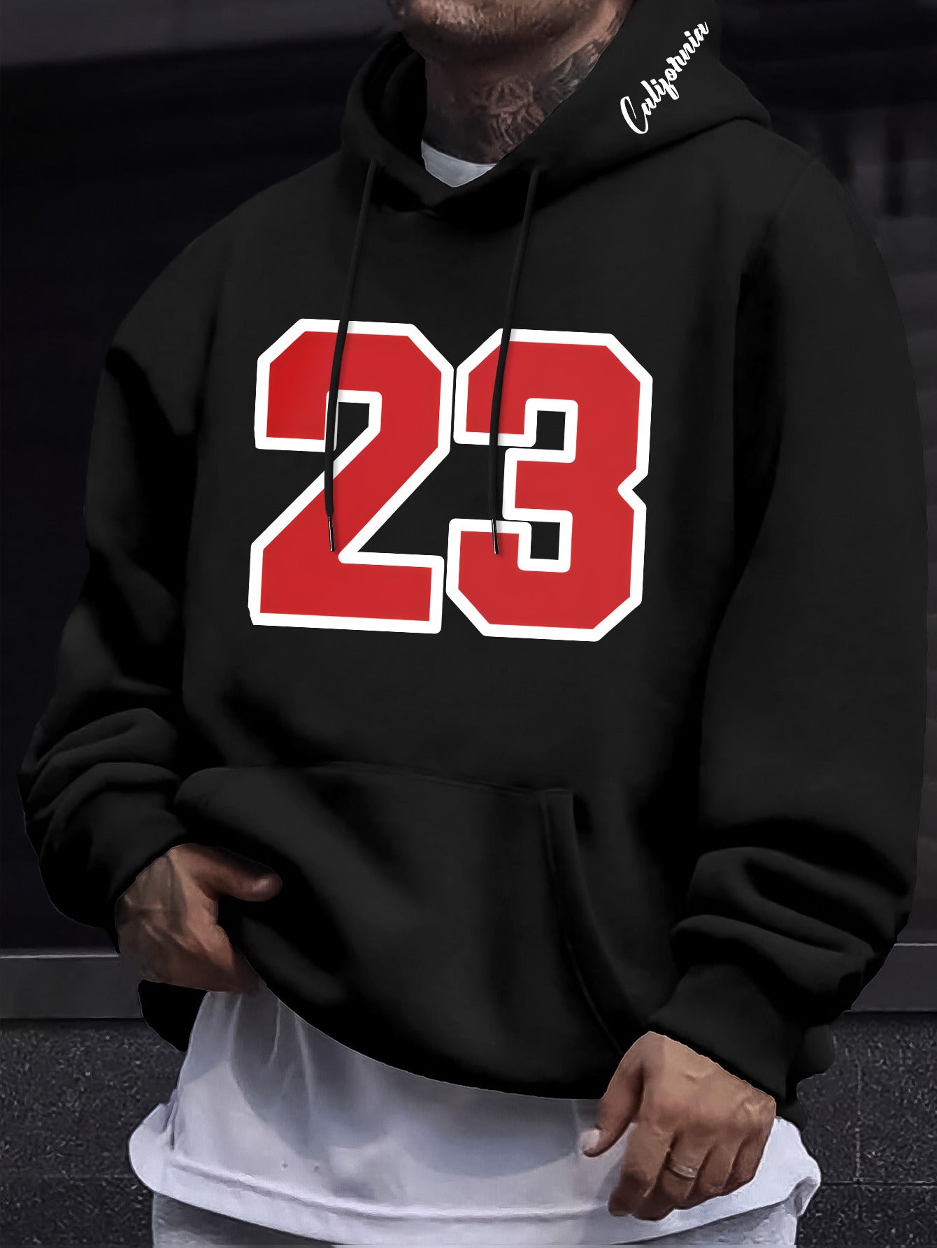 Men's Casual Hooded Sweatshirts with Geometric Number Pattern - Knit Fabric Polyester Blend with Slight Stretch, Hoodie for Spring/Fall Season - Regular Fit Pullover with Hood - Polyester 95%, Elastane 5%