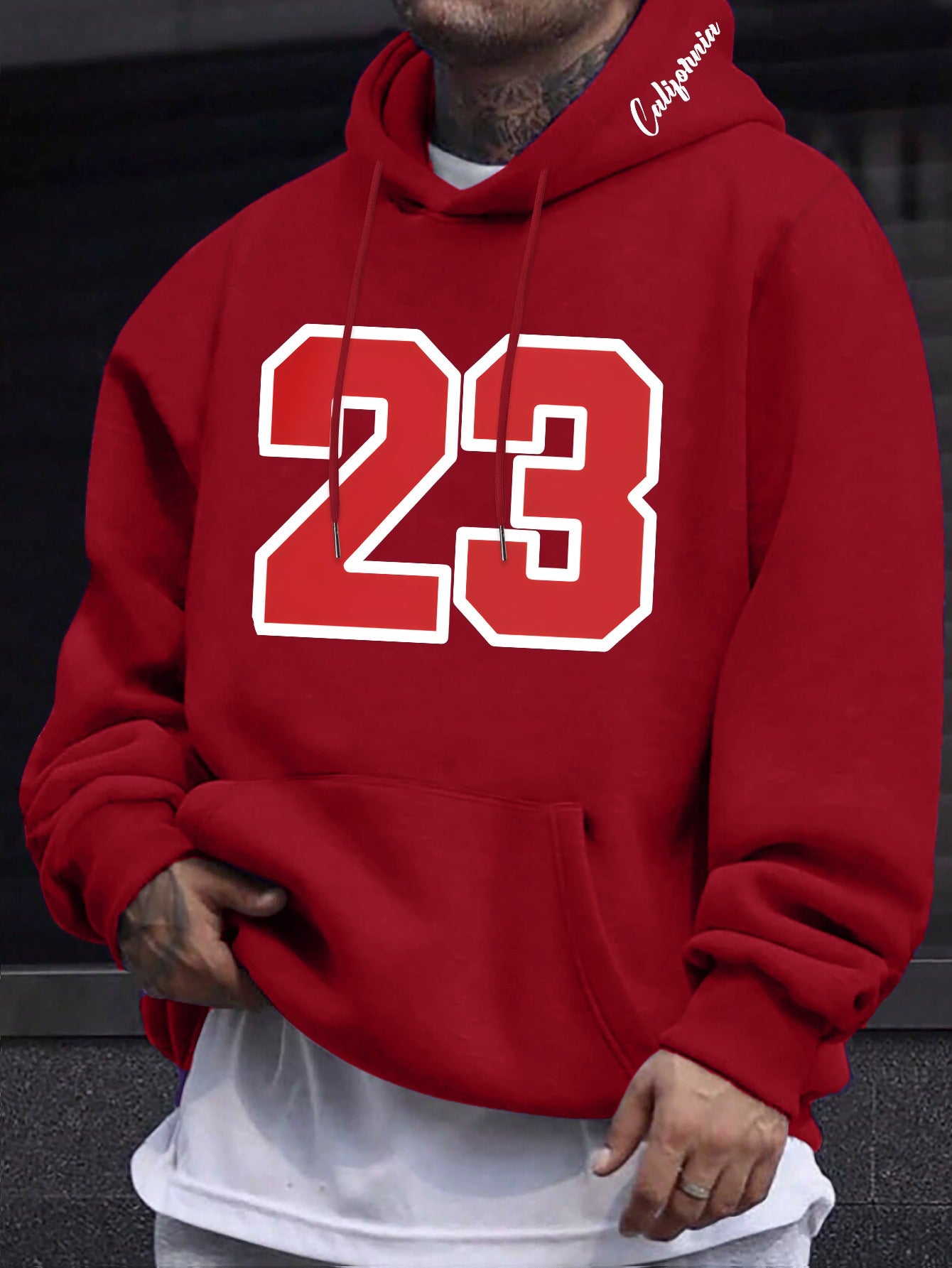 Men's Casual Hooded Sweatshirts with Geometric Number Pattern - Knit Fabric Polyester Blend with Slight Stretch, Hoodie for Spring/Fall Season - Regular Fit Pullover with Hood - Polyester 95%, Elastane 5%