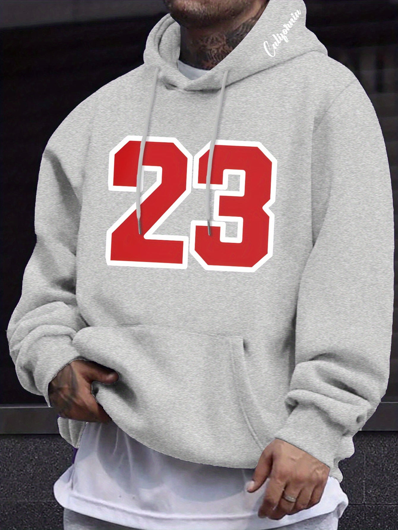 Men's Casual Hooded Sweatshirts with Geometric Number Pattern - Knit Fabric Polyester Blend with Slight Stretch, Hoodie for Spring/Fall Season - Regular Fit Pullover with Hood - Polyester 95%, Elastane 5%