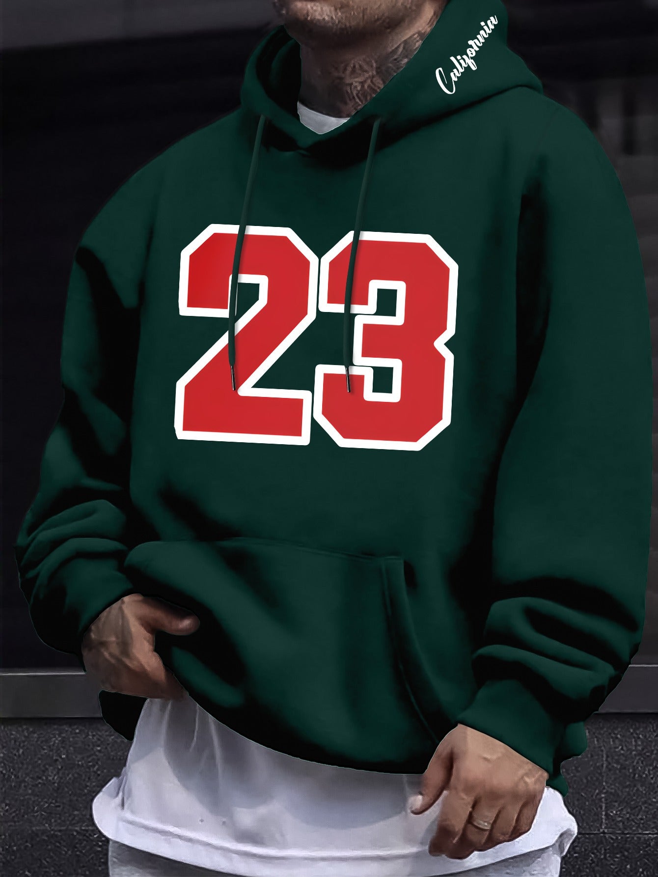Men's Casual Hooded Sweatshirts with Geometric Number Pattern - Knit Fabric Polyester Blend with Slight Stretch, Hoodie for Spring/Fall Season - Regular Fit Pullover with Hood - Polyester 95%, Elastane 5%