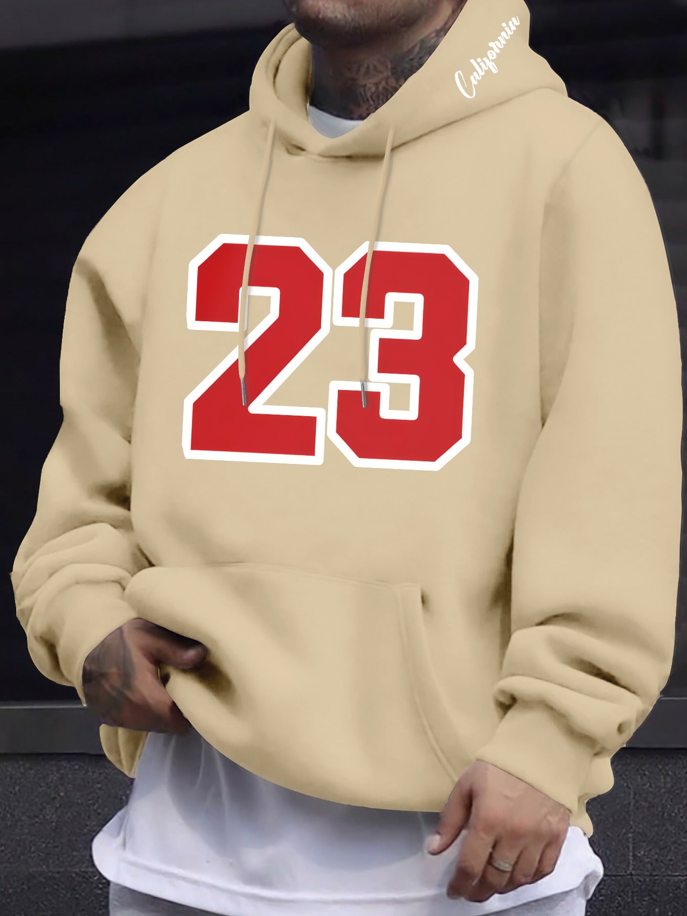 Men's Casual Hooded Sweatshirts with Geometric Number Pattern - Knit Fabric Polyester Blend with Slight Stretch, Hoodie for Spring/Fall Season - Regular Fit Pullover with Hood - Polyester 95%, Elastane 5%