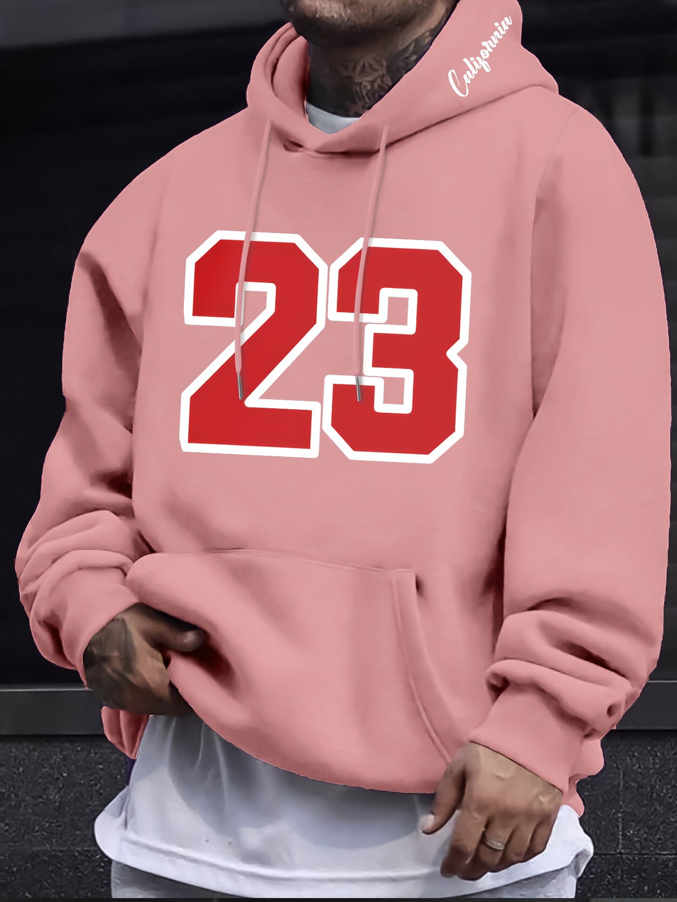 Men's Casual Hooded Sweatshirts with Geometric Number Pattern - Knit Fabric Polyester Blend with Slight Stretch, Hoodie for Spring/Fall Season - Regular Fit Pullover with Hood - Polyester 95%, Elastane 5%