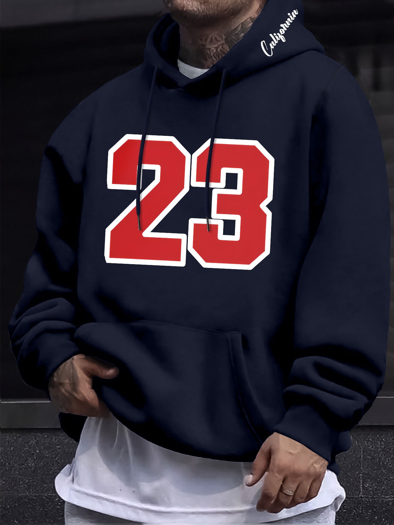 Men's Casual Hooded Sweatshirts with Geometric Number Pattern - Knit Fabric Polyester Blend with Slight Stretch, Hoodie for Spring/Fall Season - Regular Fit Pullover with Hood - Polyester 95%, Elastane 5%