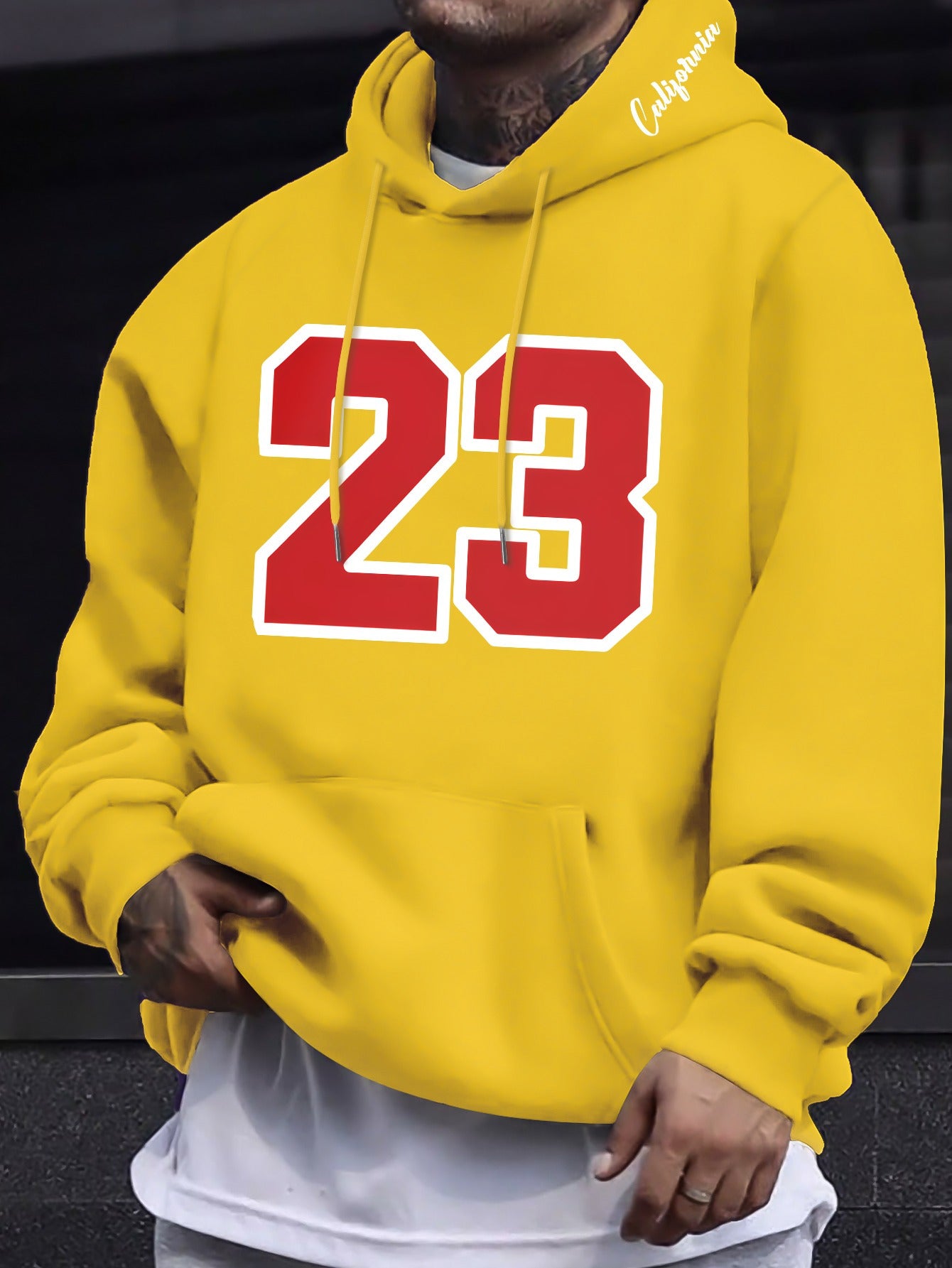 Men's Casual Hooded Sweatshirts with Geometric Number Pattern - Knit Fabric Polyester Blend with Slight Stretch, Hoodie for Spring/Fall Season - Regular Fit Pullover with Hood - Polyester 95%, Elastane 5%