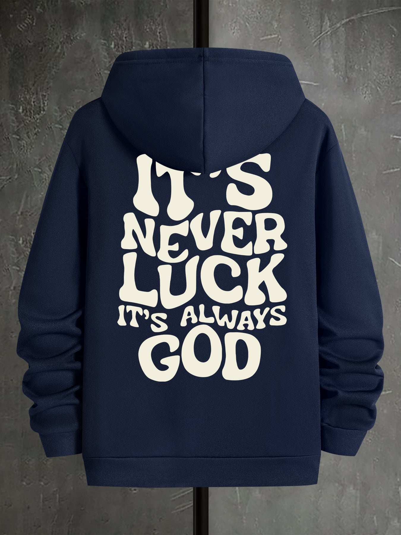 Men's Navy Blue Hooded Sweatshirt - "IT's NEVER LUCK IT's ALWAYS GOD" Print, Casual Polyester Knit, Long Sleeve with Kangaroo Pocket, Machine Washable for Spring & Autumn