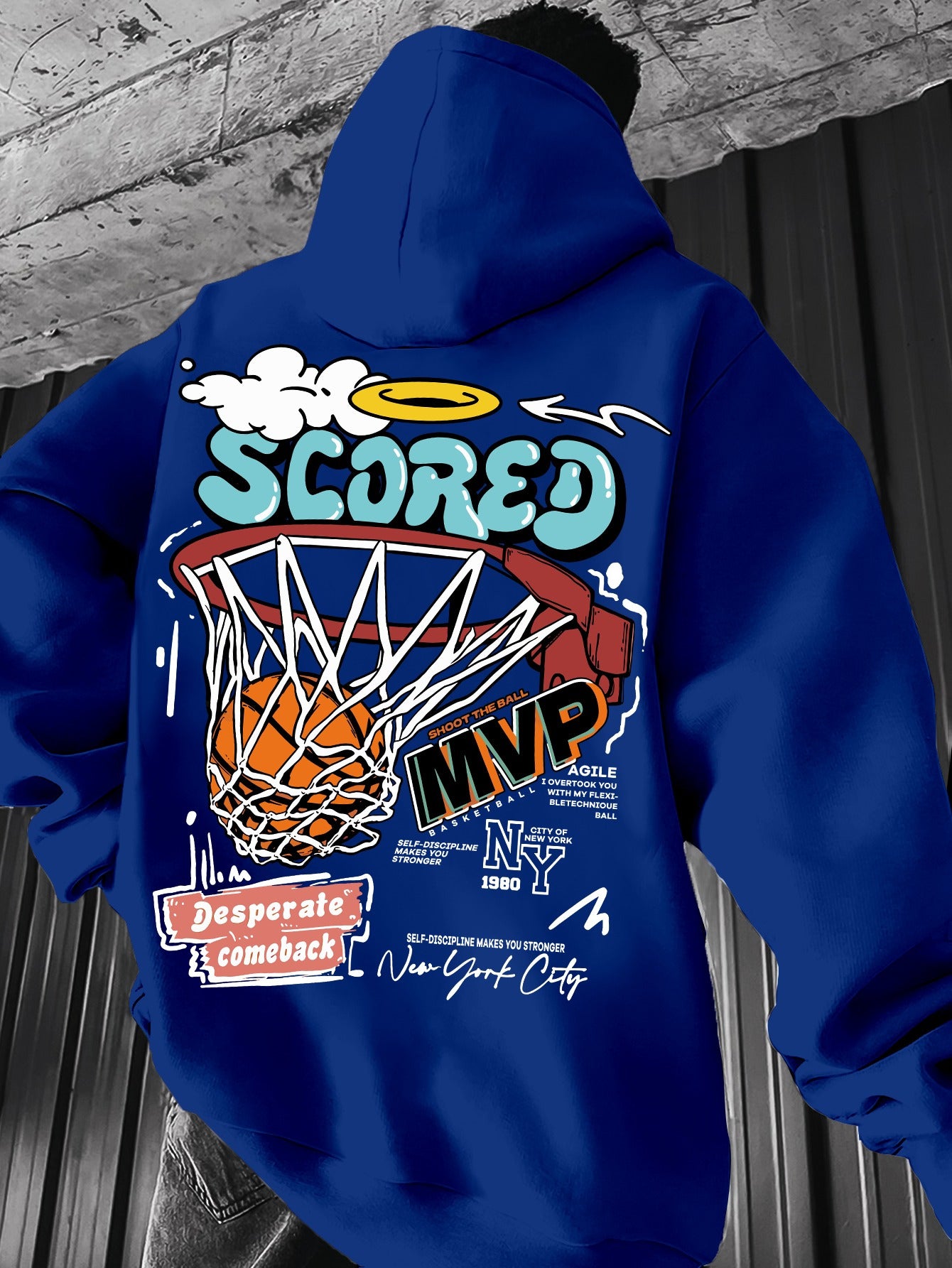Spring/Fall Casual MVP Basketball Graphic Hoodie for Men - Knitted Fabric Regular Fit with Slight Stretch - Polyester & Elastane Blend, Geometric-Pattern, Hooded Pullover - Fashion Sportswear