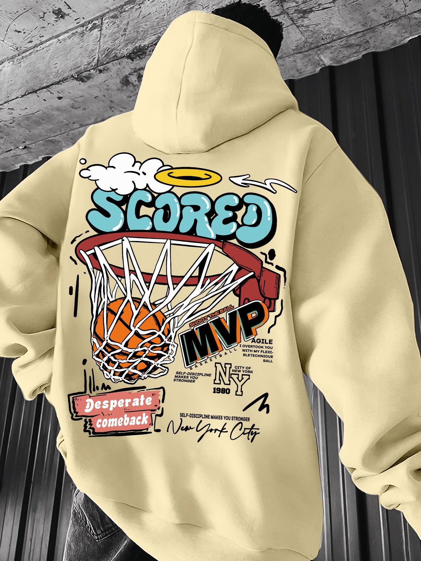 Spring/Fall Casual MVP Basketball Graphic Hoodie for Men - Knitted Fabric Regular Fit with Slight Stretch - Polyester & Elastane Blend, Geometric-Pattern, Hooded Pullover - Fashion Sportswear