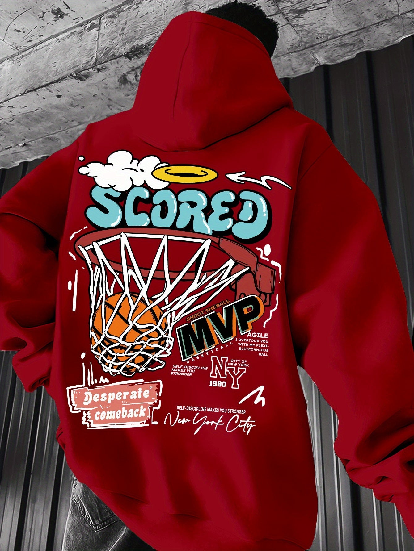 Spring/Fall Casual MVP Basketball Graphic Hoodie for Men - Knitted Fabric Regular Fit with Slight Stretch - Polyester & Elastane Blend, Geometric-Pattern, Hooded Pullover - Fashion Sportswear