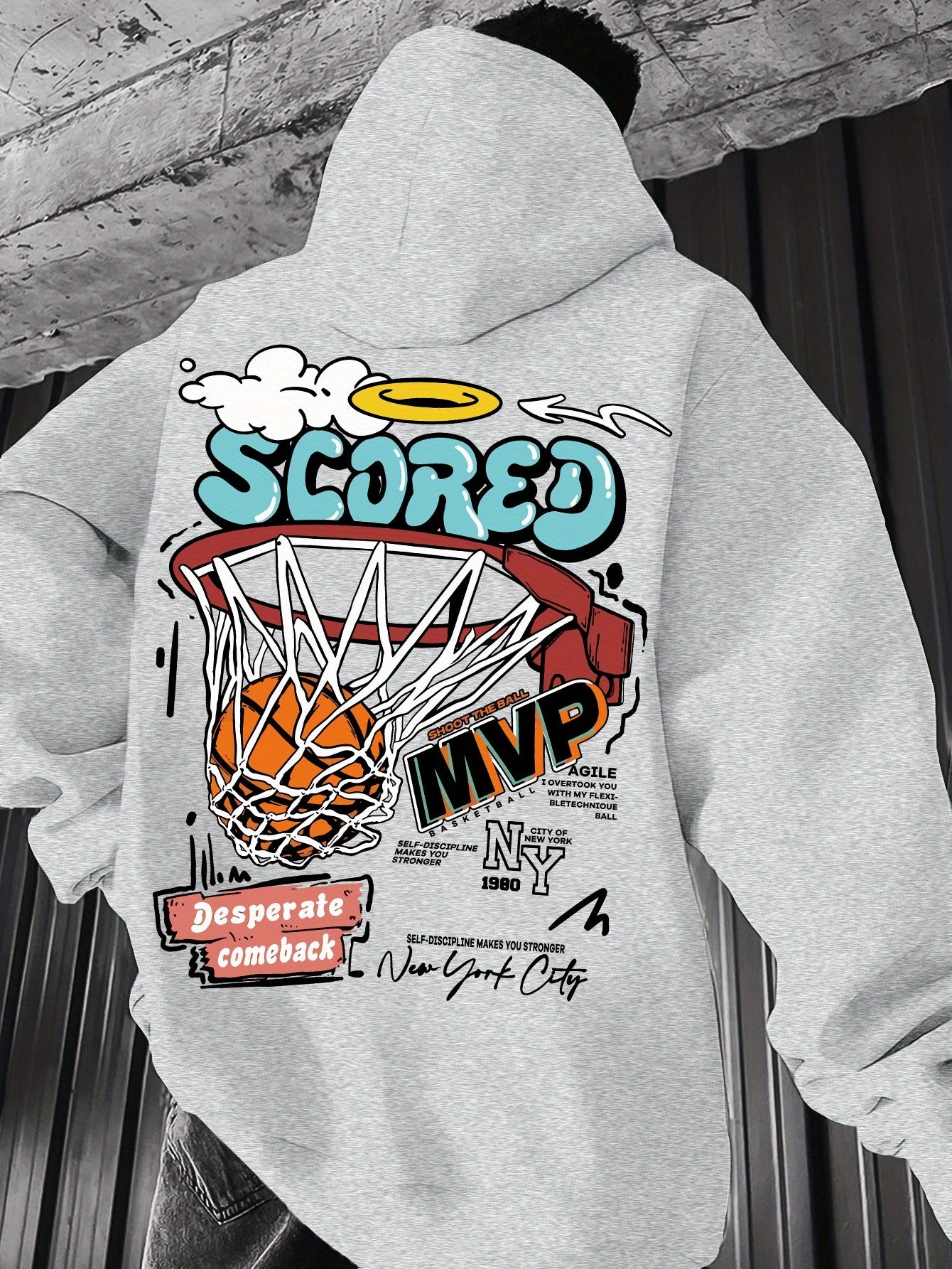 Spring/Fall Casual MVP Basketball Graphic Hoodie for Men - Knitted Fabric Regular Fit with Slight Stretch - Polyester & Elastane Blend, Geometric-Pattern, Hooded Pullover - Fashion Sportswear