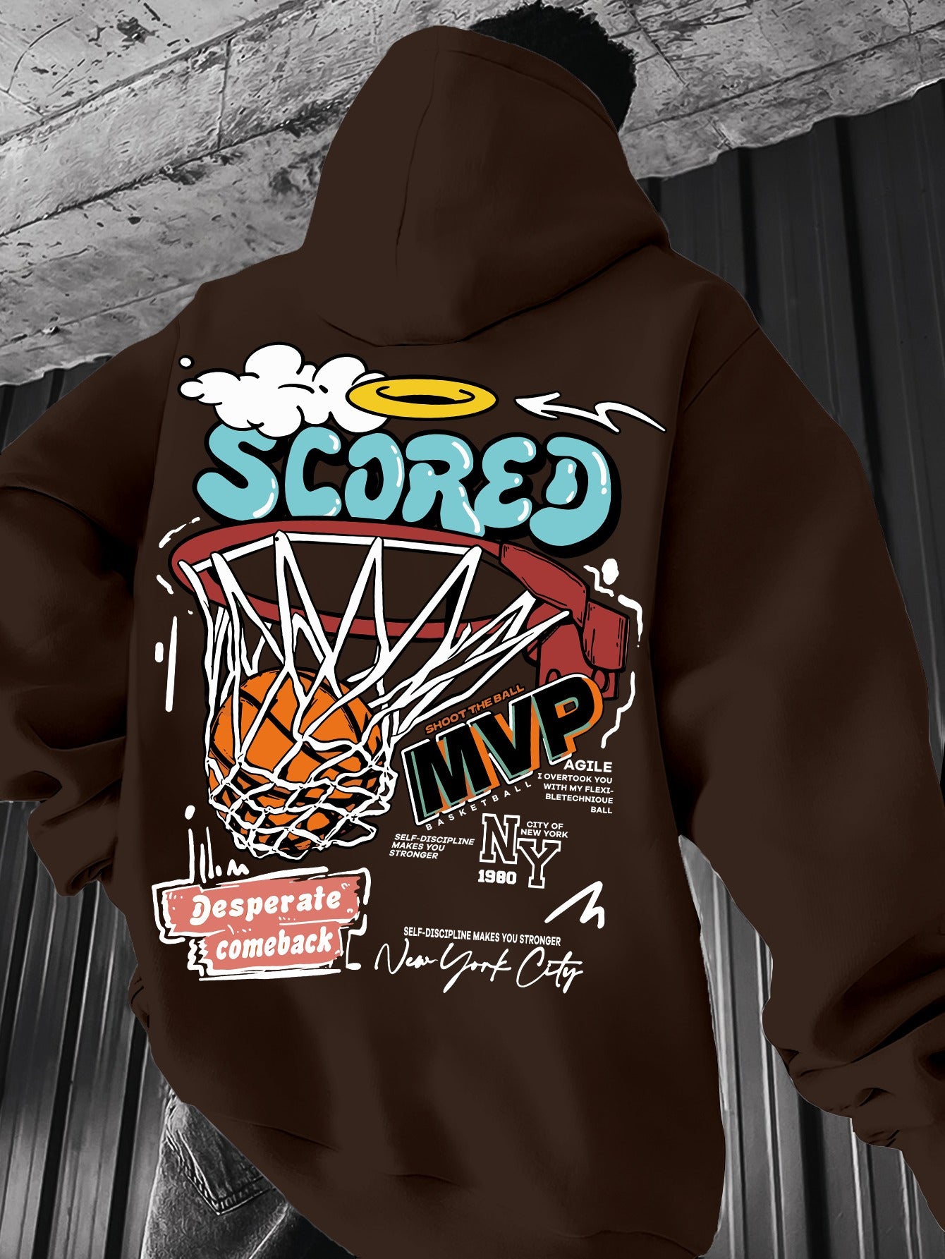 Spring/Fall Casual MVP Basketball Graphic Hoodie for Men - Knitted Fabric Regular Fit with Slight Stretch - Polyester & Elastane Blend, Geometric-Pattern, Hooded Pullover - Fashion Sportswear