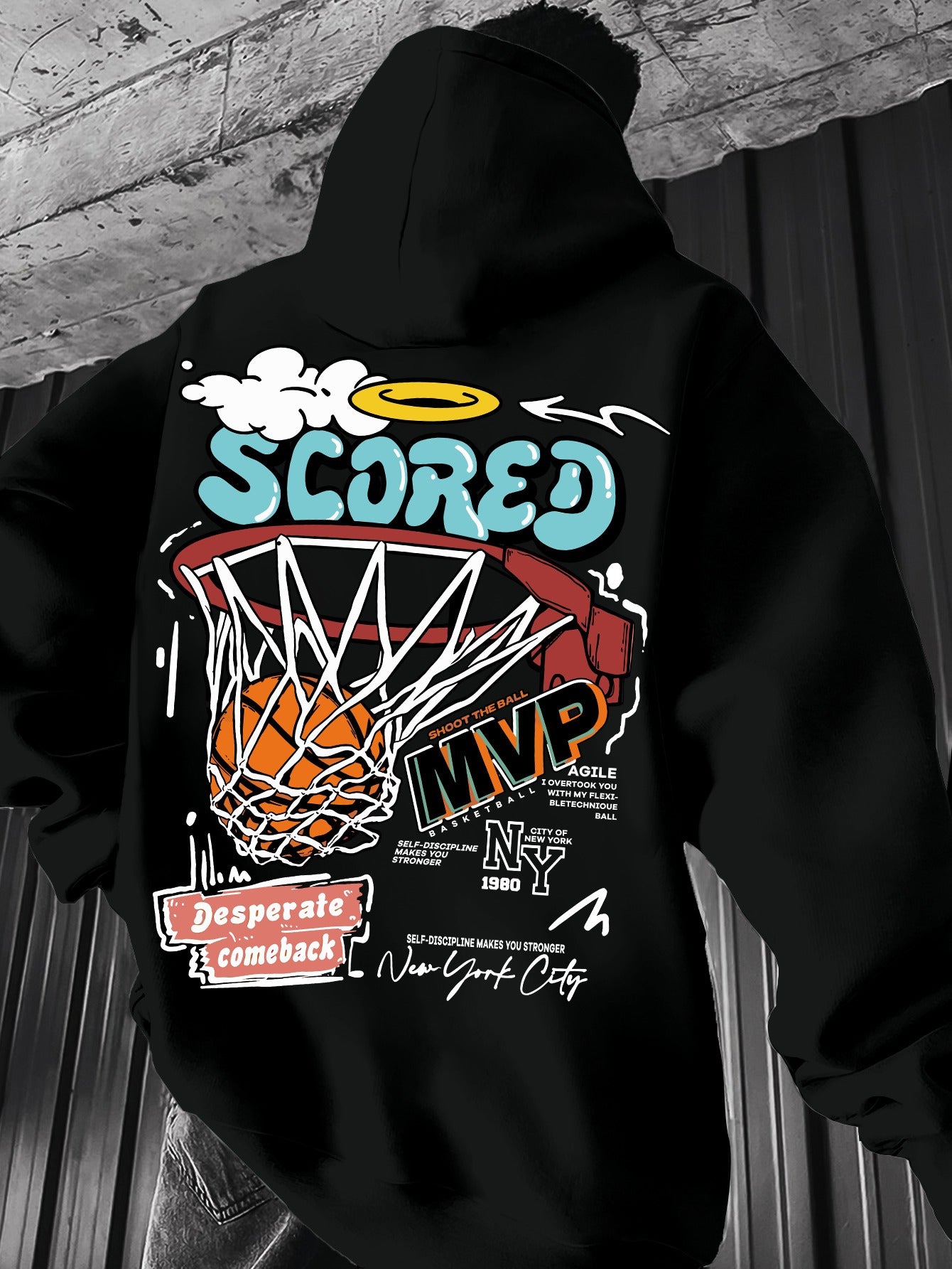 Spring/Fall Casual MVP Basketball Graphic Hoodie for Men - Knitted Fabric Regular Fit with Slight Stretch - Polyester & Elastane Blend, Geometric-Pattern, Hooded Pullover - Fashion Sportswear