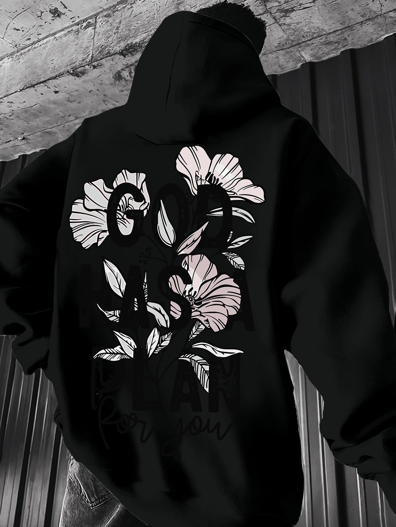 Men's Vintage-Inspired "GOD HAS A PLAN" Floral Hoodie - Casual Knit Polyester Blend, Long Sleeve with Kangaroo Pocket, Machine Washable - Perfect for Spring/Fall, Oversized Hoodie