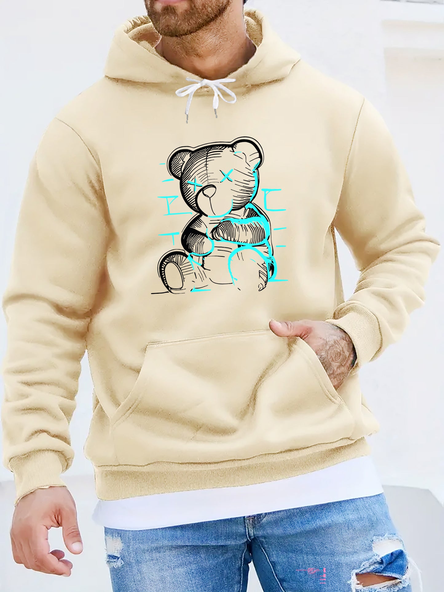 Men's Casual Printed Hoodie with Teddy Bear Design - 100% Polyester Knit Fabric with Slight Stretch, Regular Fit, Hooded Collar Style, Solid Color with Graphic Print, Casual Long Sleeve Pullover