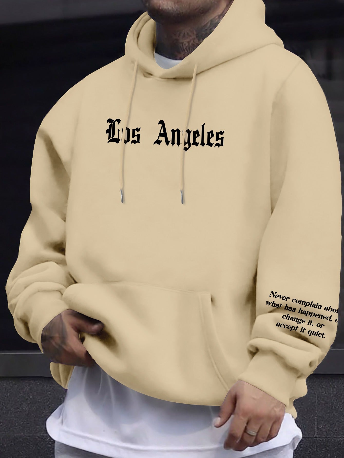 Men's Casual Hooded Sweatshirts with Kangaroo Pocket - Spring/Fall Knit Fabric Pullover with Geometric Pattern, Regular Fit, Polyester Blend with Elastane, Slight Stretch Hoodie