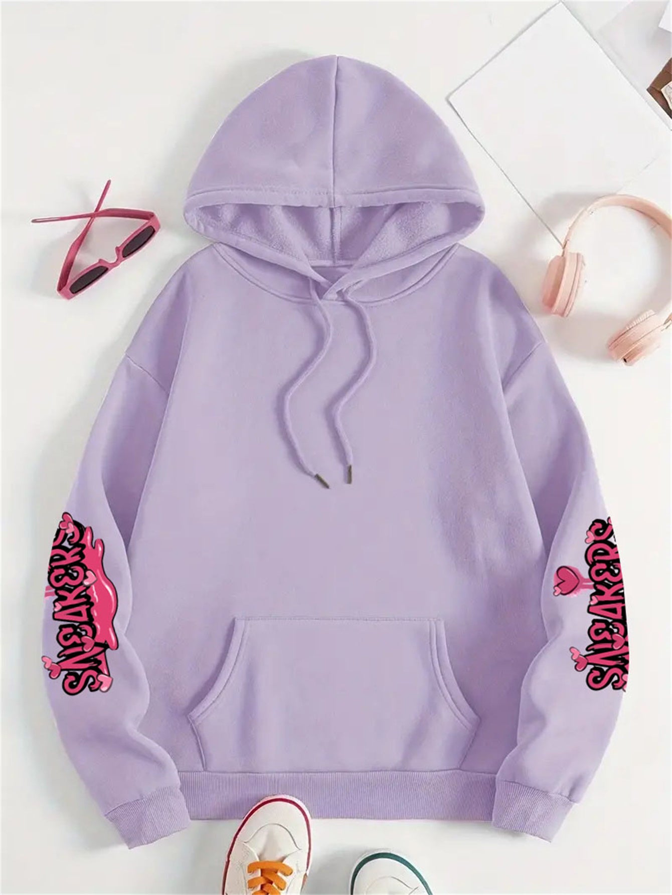 Casual Plus Size Hoodie with Long Sleeve Letter Print, Polyester Knit Pullover - Machine Washable, Hoodie Plus Size