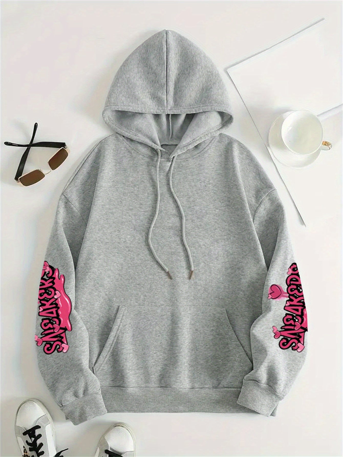 Casual Plus Size Hoodie with Long Sleeve Letter Print, Polyester Knit Pullover - Machine Washable, Hoodie Plus Size