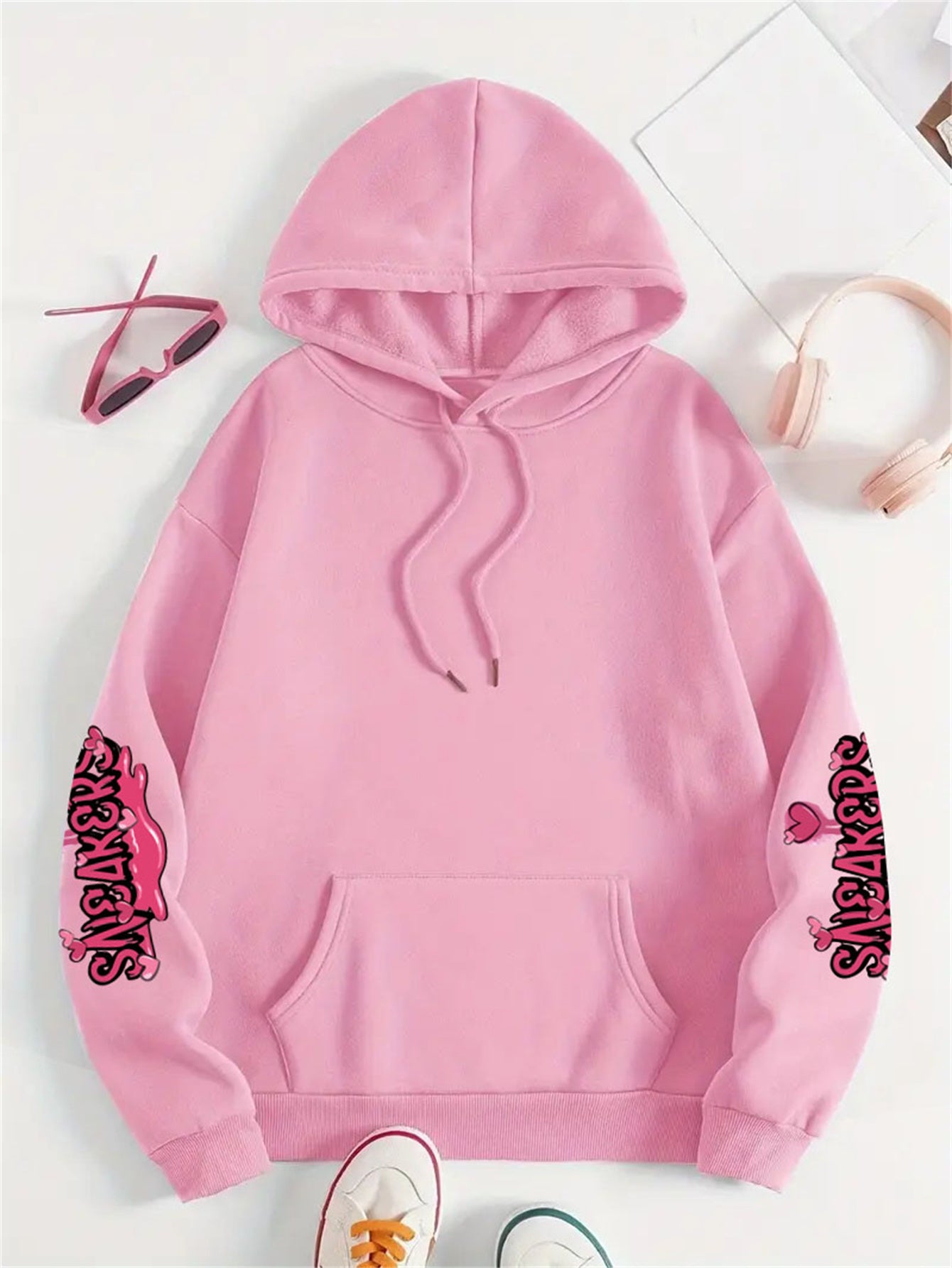 Casual Plus Size Hoodie with Long Sleeve Letter Print, Polyester Knit Pullover - Machine Washable, Hoodie Plus Size