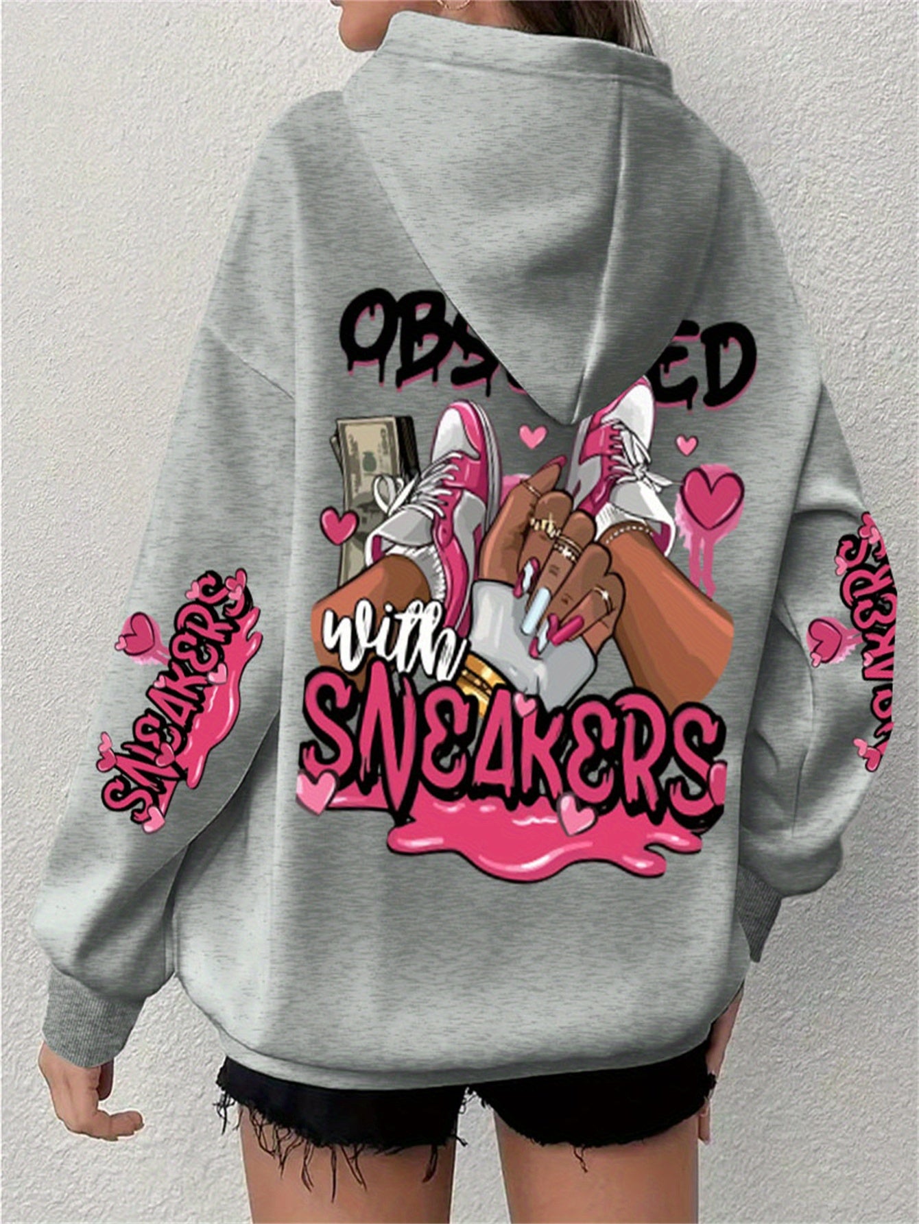 Casual Plus Size Hoodie with Long Sleeve Letter Print, Polyester Knit Pullover - Machine Washable, Hoodie Plus Size