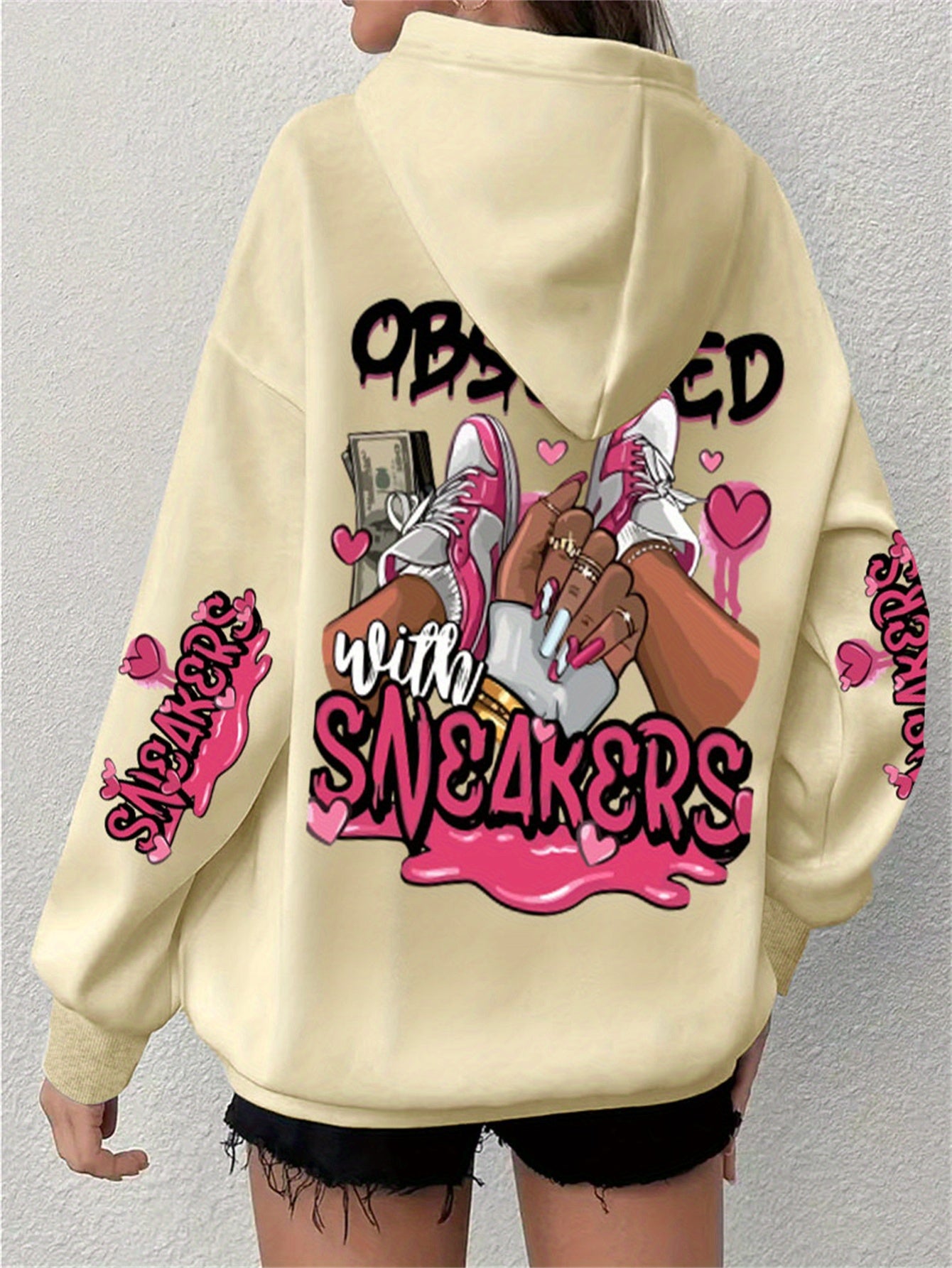 Casual Plus Size Hoodie with Long Sleeve Letter Print, Polyester Knit Pullover - Machine Washable, Hoodie Plus Size