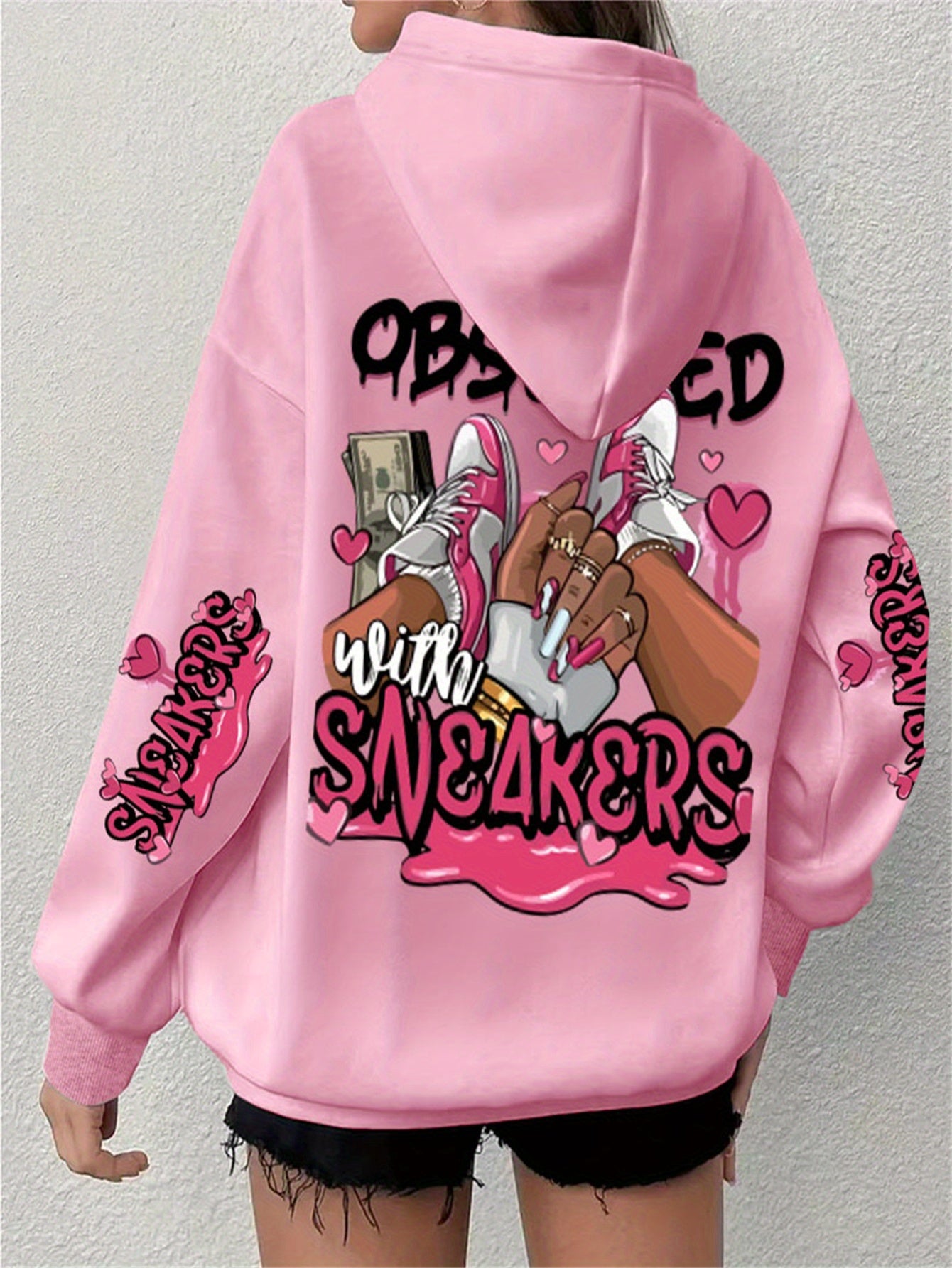 Casual Plus Size Hoodie with Long Sleeve Letter Print, Polyester Knit Pullover - Machine Washable, Hoodie Plus Size