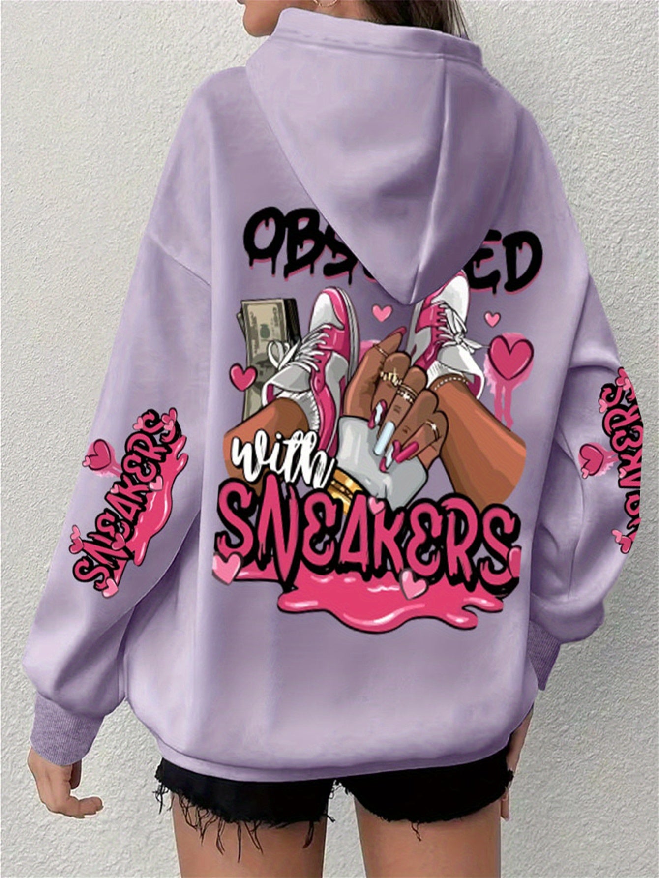 Casual Plus Size Hoodie with Long Sleeve Letter Print, Polyester Knit Pullover - Machine Washable, Hoodie Plus Size