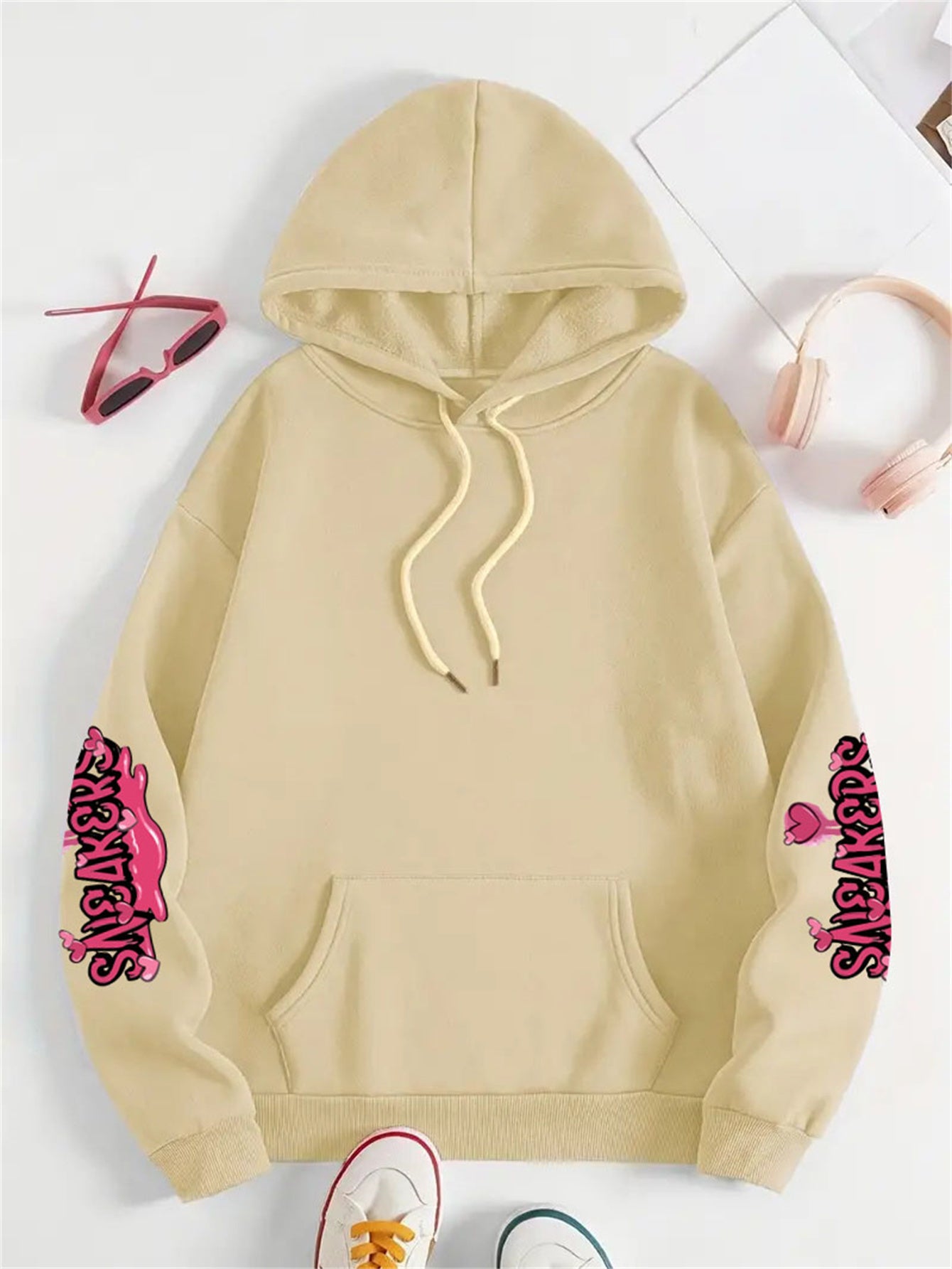 Casual Plus Size Hoodie with Long Sleeve Letter Print, Polyester Knit Pullover - Machine Washable, Hoodie Plus Size