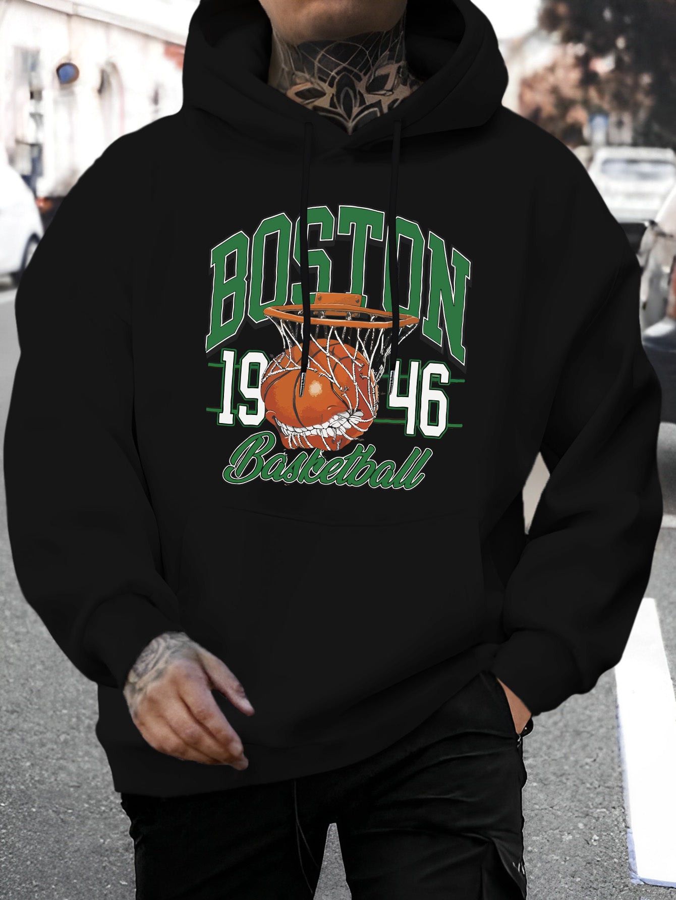 Men's Boston Letter & Basketball Print Hoodie - Casual Drawstring Pullover, Comfortable Long Sleeve with Kangaroo Pocket for Fall/Winter