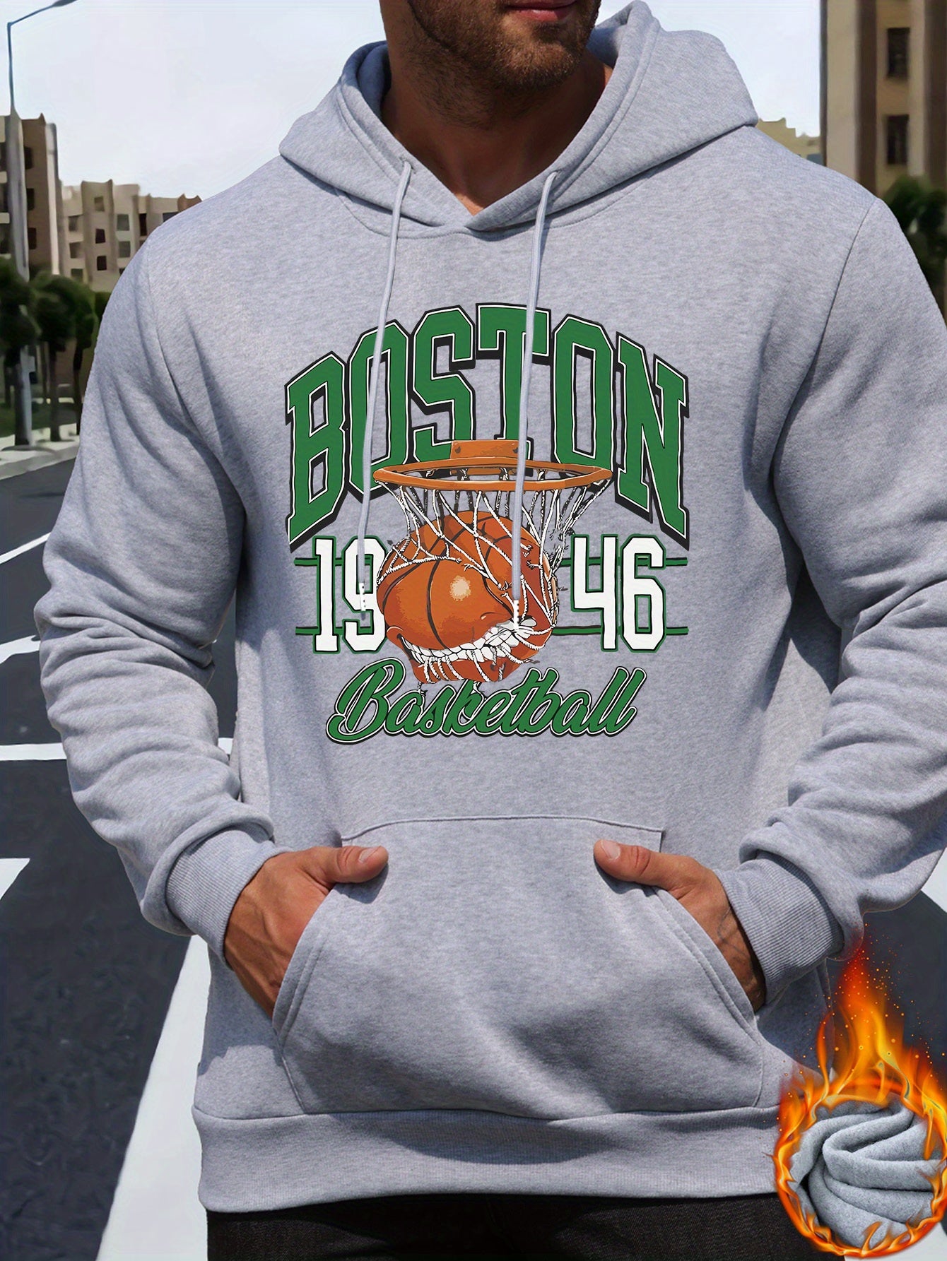 Men's Boston Letter & Basketball Print Hoodie - Casual Drawstring Pullover, Comfortable Long Sleeve with Kangaroo Pocket for Fall/Winter