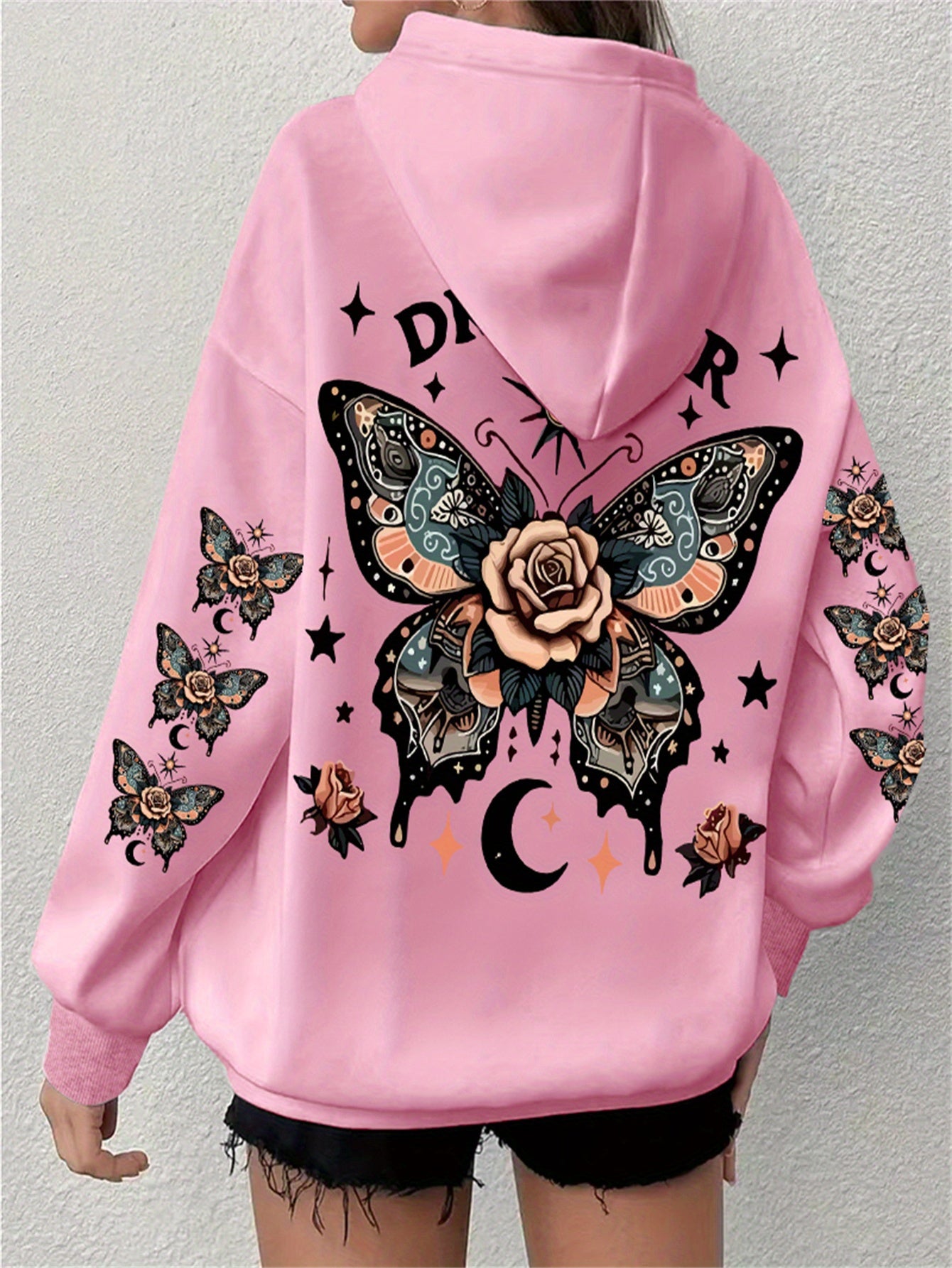 Plus Size Butterfly Print Drawstring Hoodie, Casual Long Sleeve Kangaroo Pocket Hooded Sweatshirt For Fall & Winter, Women's Plus Size Clothing