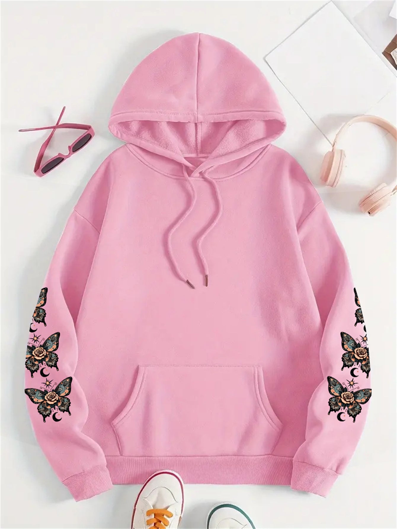 Plus Size Butterfly Print Drawstring Hoodie, Casual Long Sleeve Kangaroo Pocket Hooded Sweatshirt For Fall & Winter, Women's Plus Size Clothing