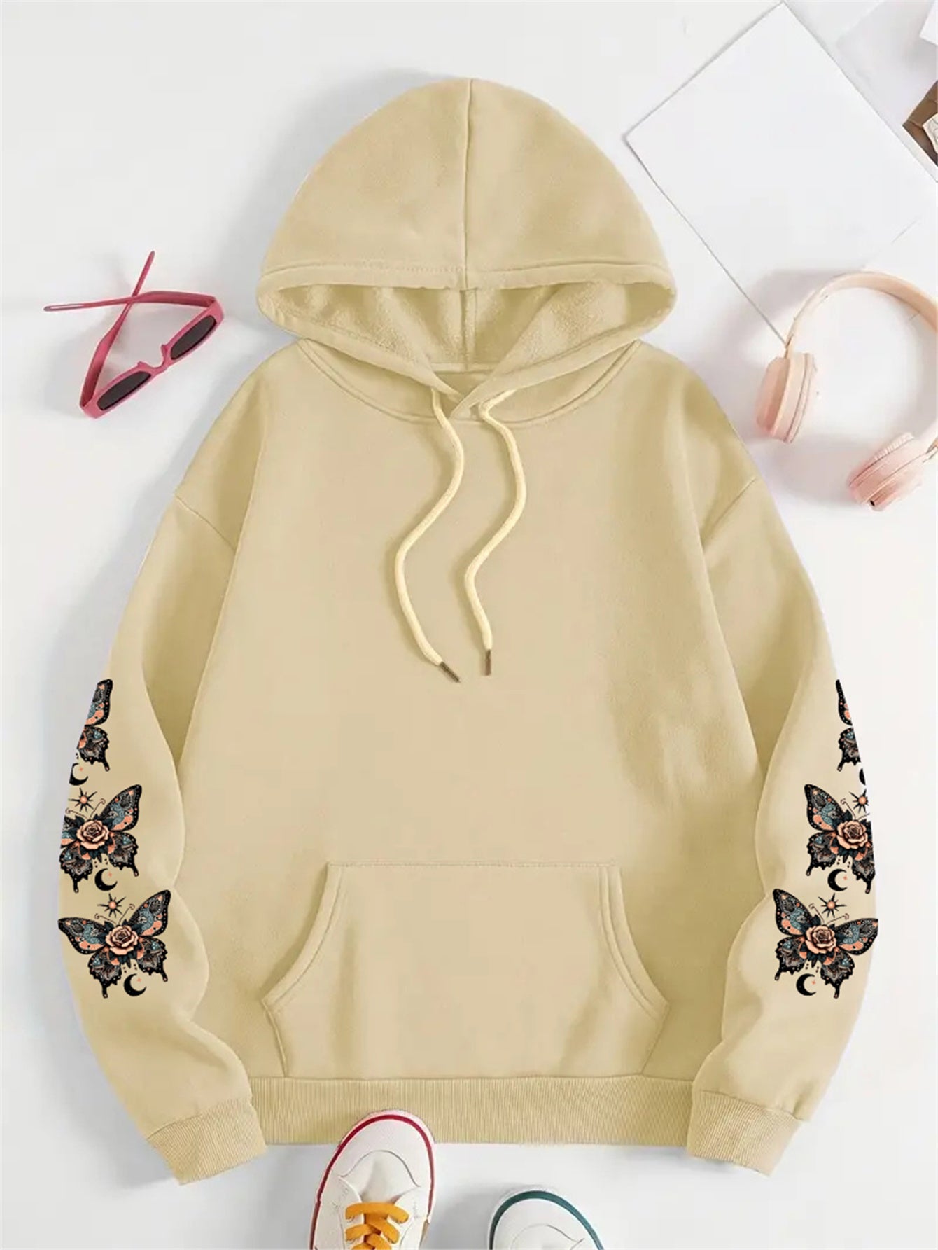 Plus Size Butterfly Print Drawstring Hoodie, Casual Long Sleeve Kangaroo Pocket Hooded Sweatshirt For Fall & Winter, Women's Plus Size Clothing
