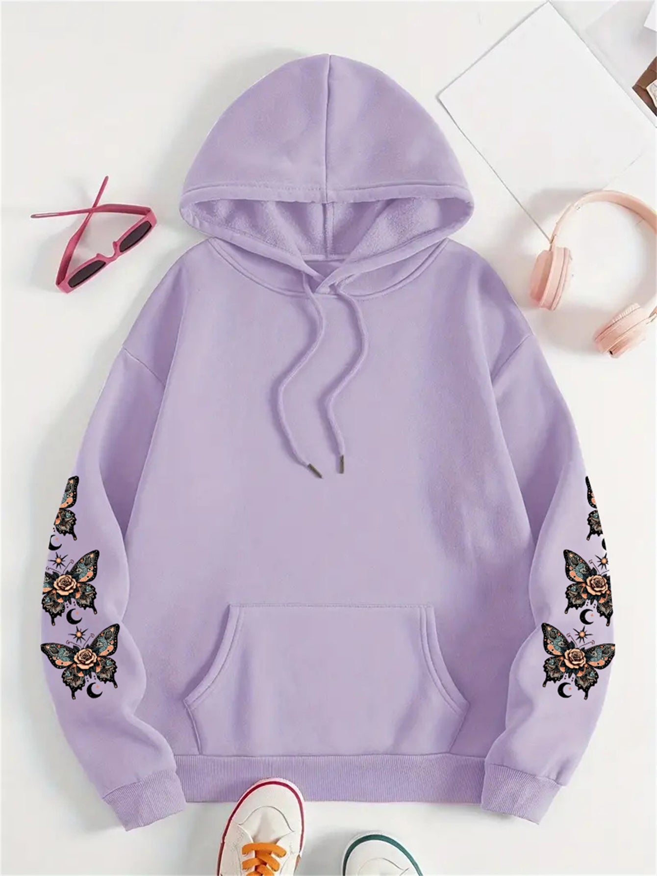 Plus Size Butterfly Print Drawstring Hoodie, Casual Long Sleeve Kangaroo Pocket Hooded Sweatshirt For Fall & Winter, Women's Plus Size Clothing