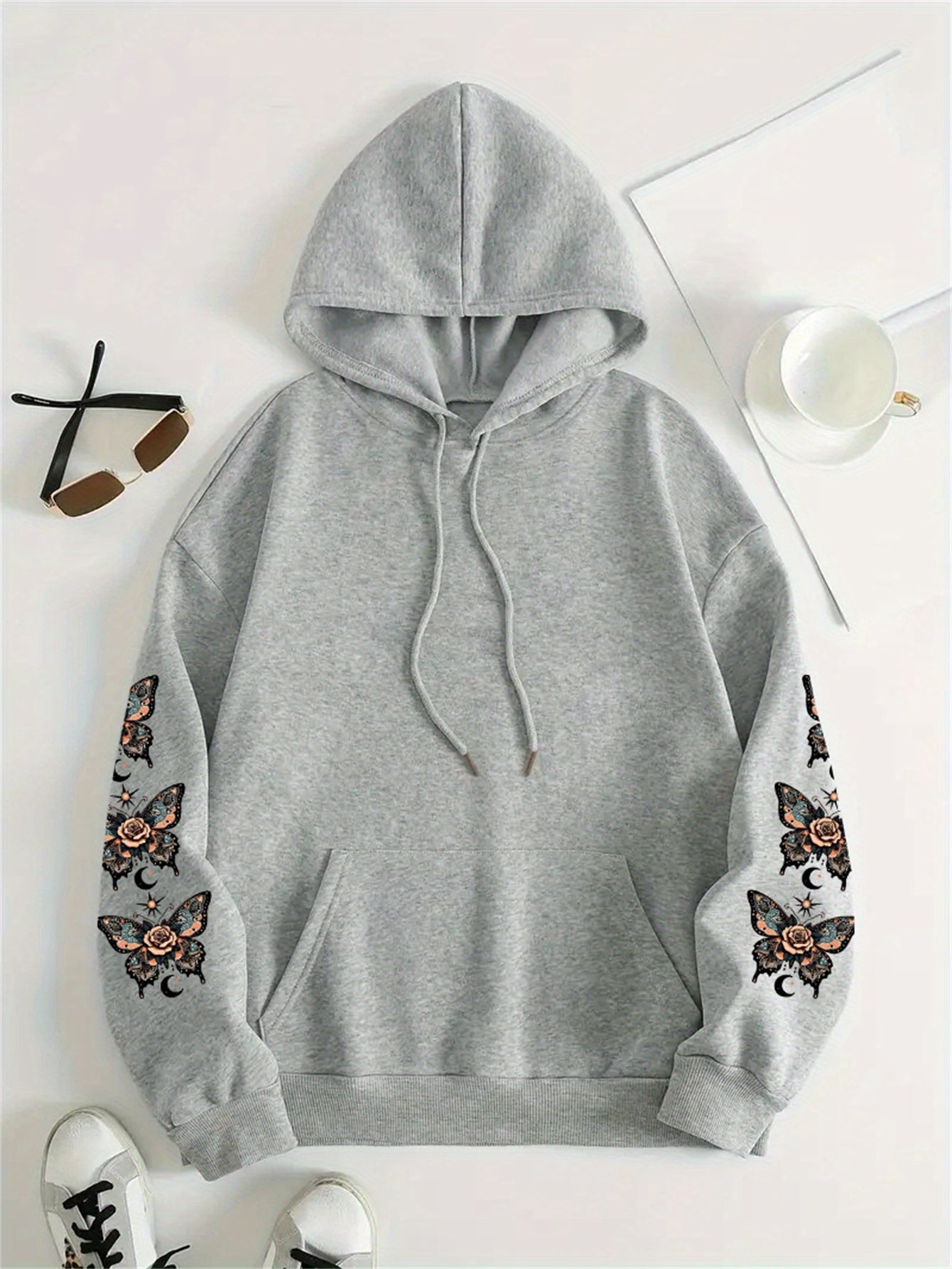 Plus Size Butterfly Print Drawstring Hoodie, Casual Long Sleeve Kangaroo Pocket Hooded Sweatshirt For Fall & Winter, Women's Plus Size Clothing
