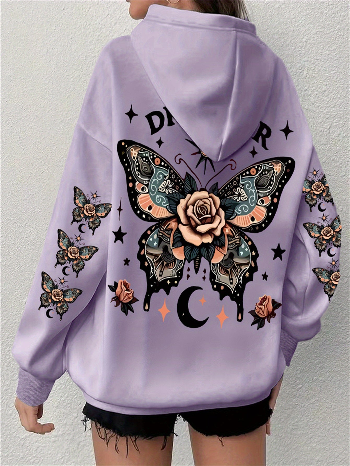 Plus Size Butterfly Print Drawstring Hoodie, Casual Long Sleeve Kangaroo Pocket Hooded Sweatshirt For Fall & Winter, Women's Plus Size Clothing